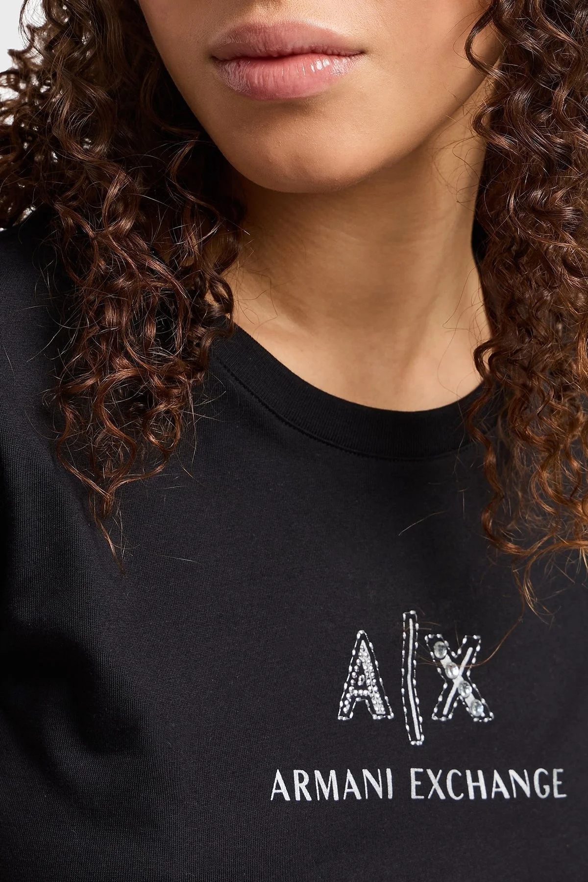 Armani Exchage Taşlı % 100 Pamuk Slim Fit Bisiklet Yaka Bayan T Shirt XW000386 AF10354 UC001 SİYAH - 9