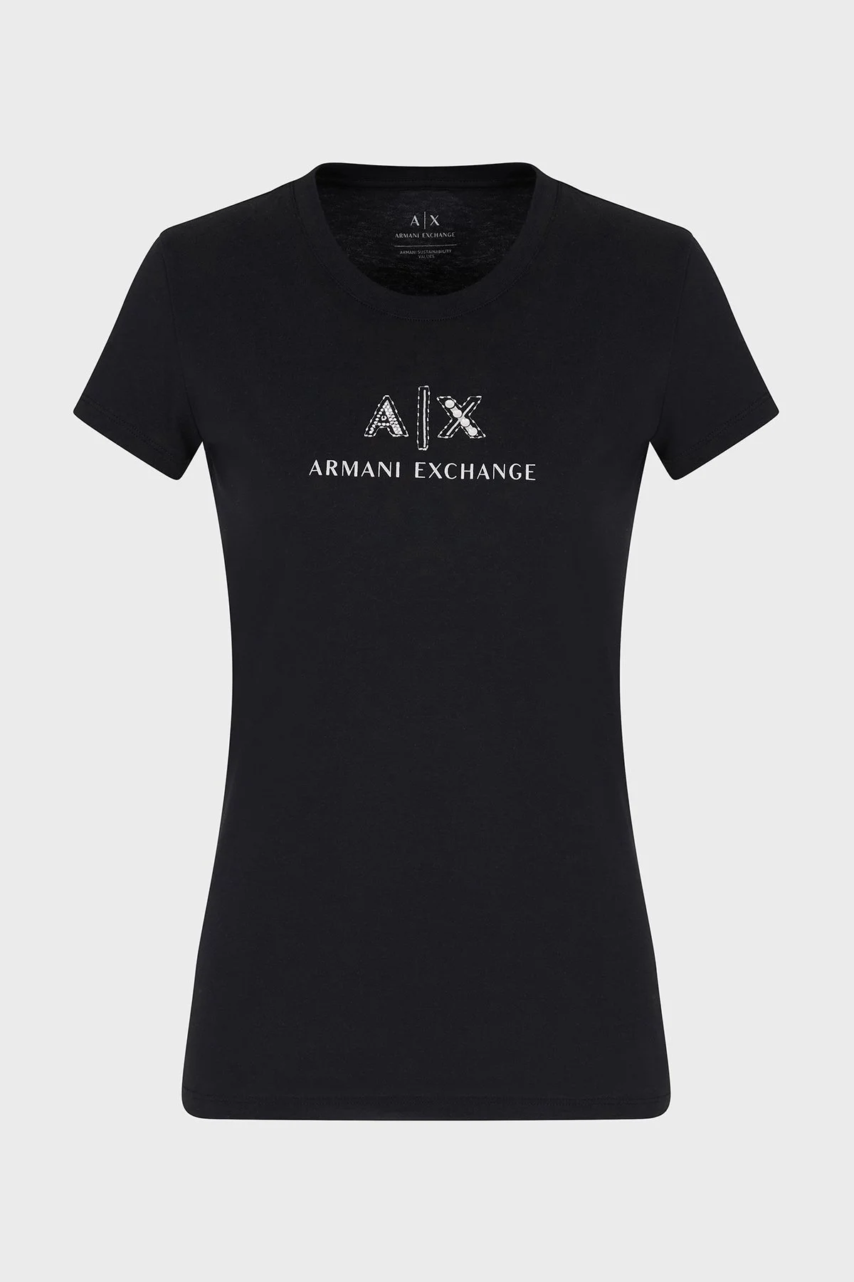 Armani Exchage Taşlı % 100 Pamuk Slim Fit Bisiklet Yaka Bayan T Shirt XW000386 AF10354 UC001 SİYAH - 10