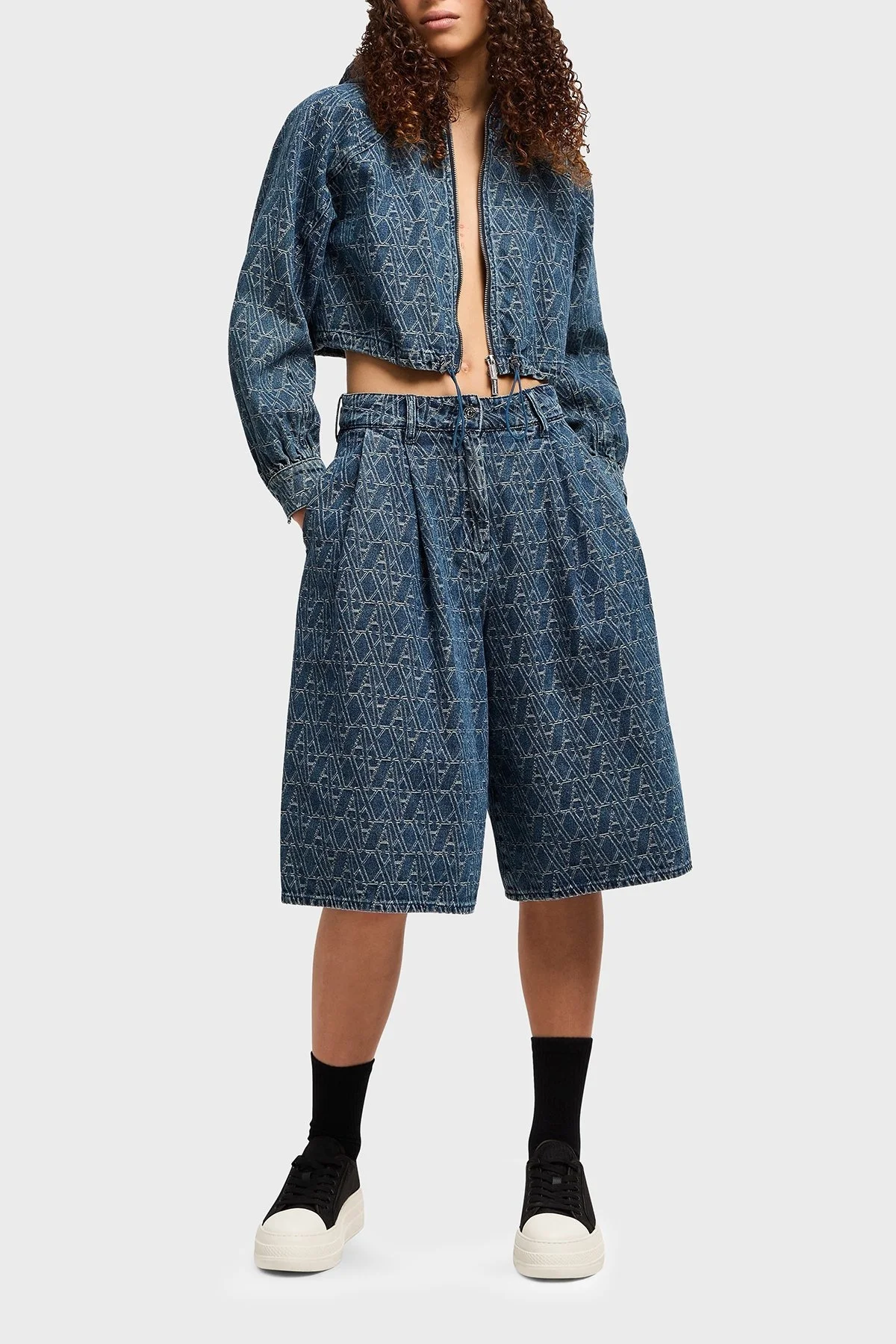 Armani Exchance % 100 Pamuk Tamamı Jakarlı Kapüşonlu Crop Bayan Kot Ceket XW001185 AF12844 FB055 LACİVERT - 8