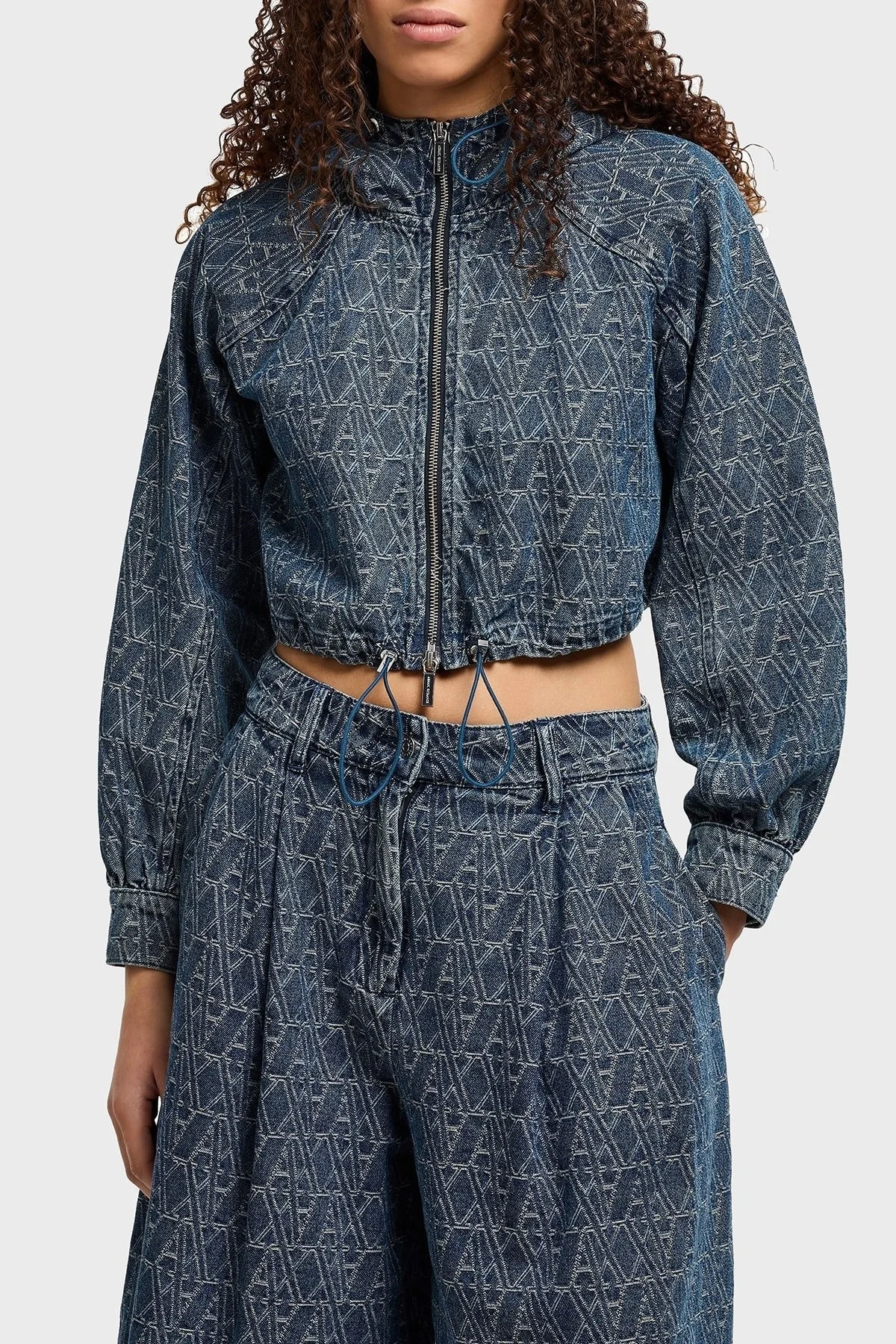 Armani Exchance % 100 Pamuk Tamamı Jakarlı Kapüşonlu Crop Bayan Kot Ceket XW001185 AF12844 FB055 LACİVERT - 9