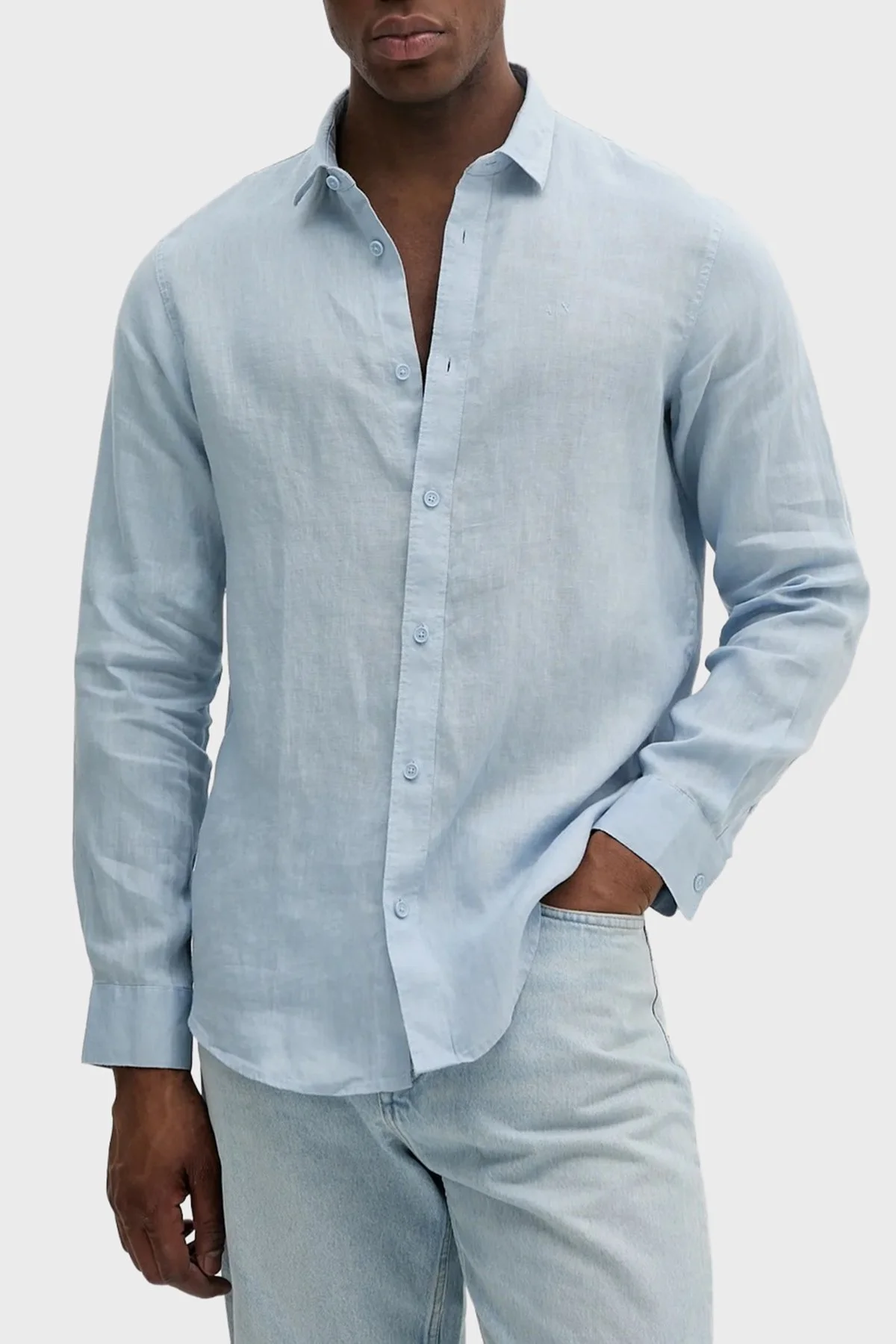Armani Exchange % 100 Keten Normal Kalıp Klasik Yaka Erkek Gömlek XM001221 AF14619 U9360 AÇIK MAVİ - 1