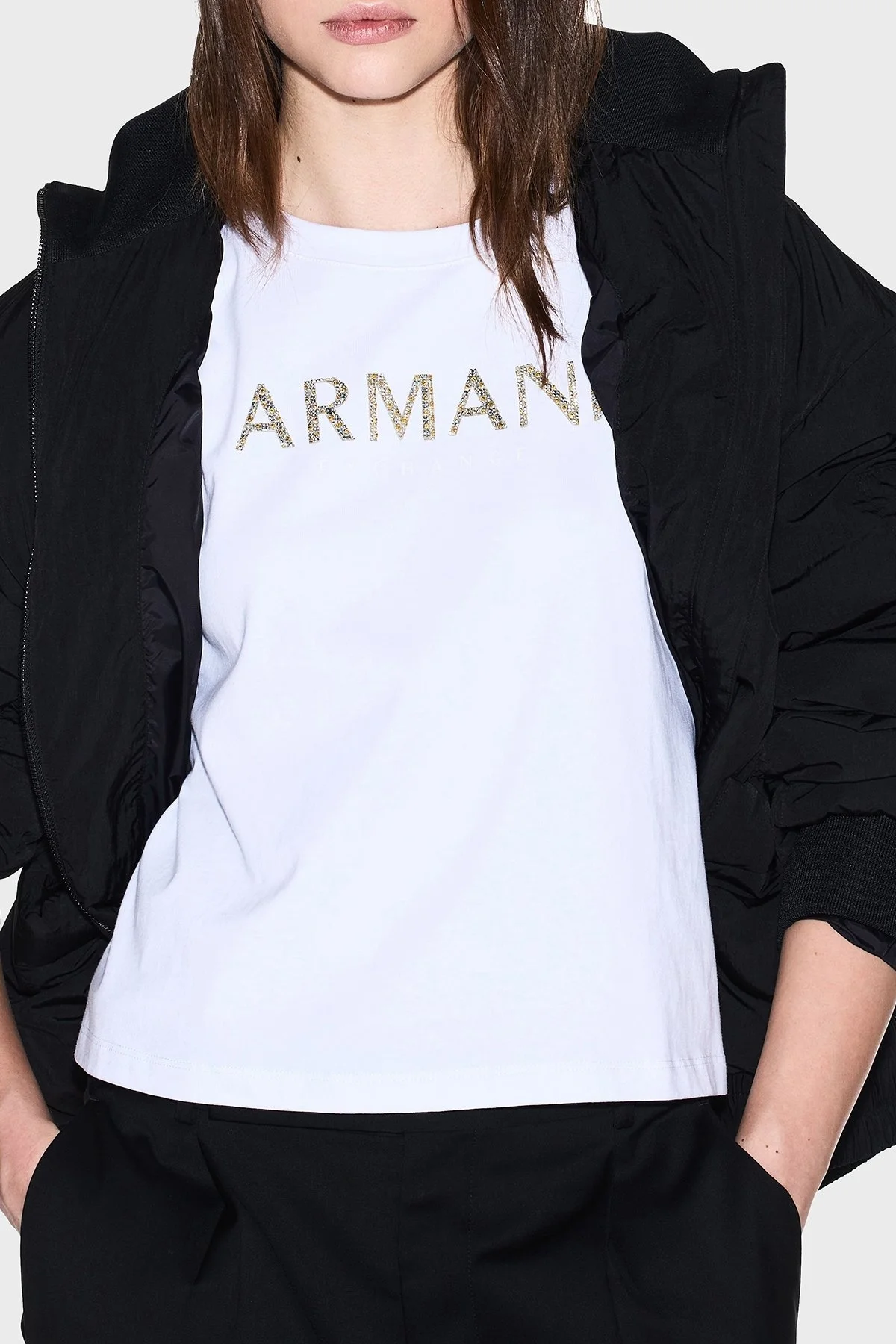 Armani Exchange % 100 Pamuk Cropped Fit Bisiklet Yaka Logolu Bayan T Shirt XW001364 AF15085 U0002 BEYAZ - 4