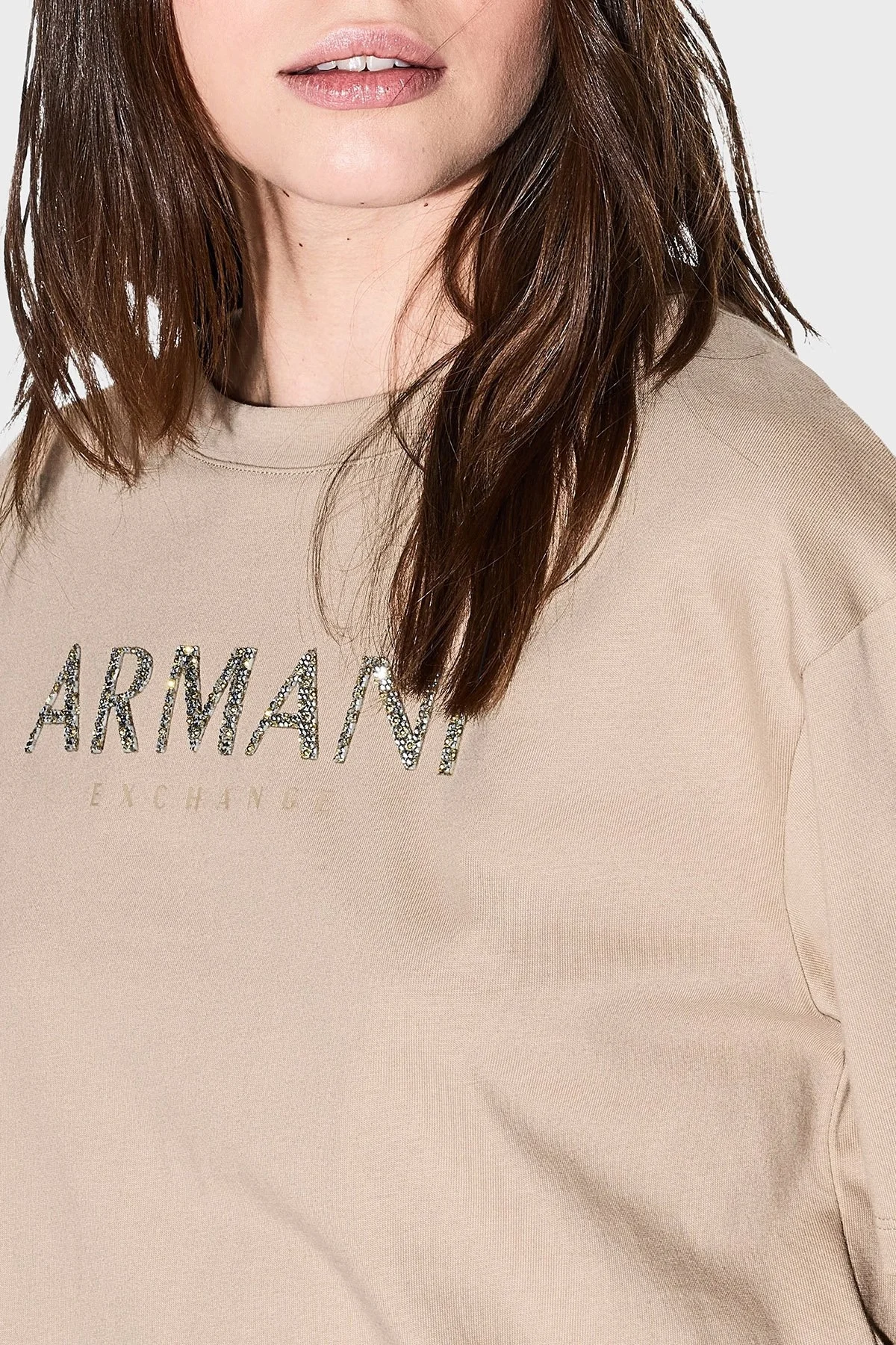 Armani Exchange % 100 Pamuk Cropped Fit Bisiklet Yaka Logolu Bayan T Shirt XW001364 AF15085 U1051 KUM BEJİ - 4