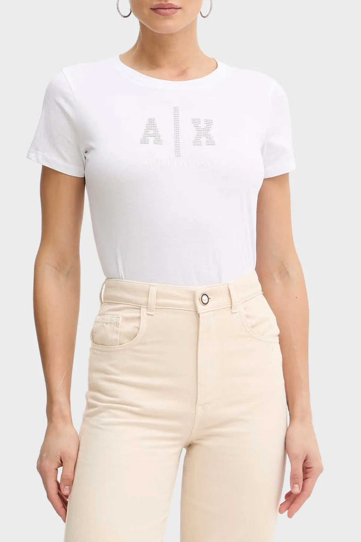 Armani Exchange % 100 Pamuk Logolu Bisiklet Yaka Kadın T Shirt XW002348 AF10356 U0002 Beyaz - 1
