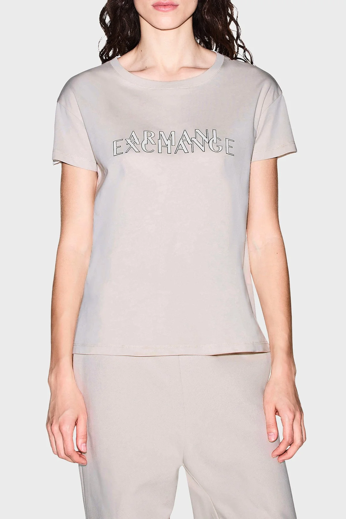 Armani Exchange %100 Pamuk Logolu Bisiklet Yaka Kadın T Shirt XW002957 AF10356 U1039 Ekru - 1