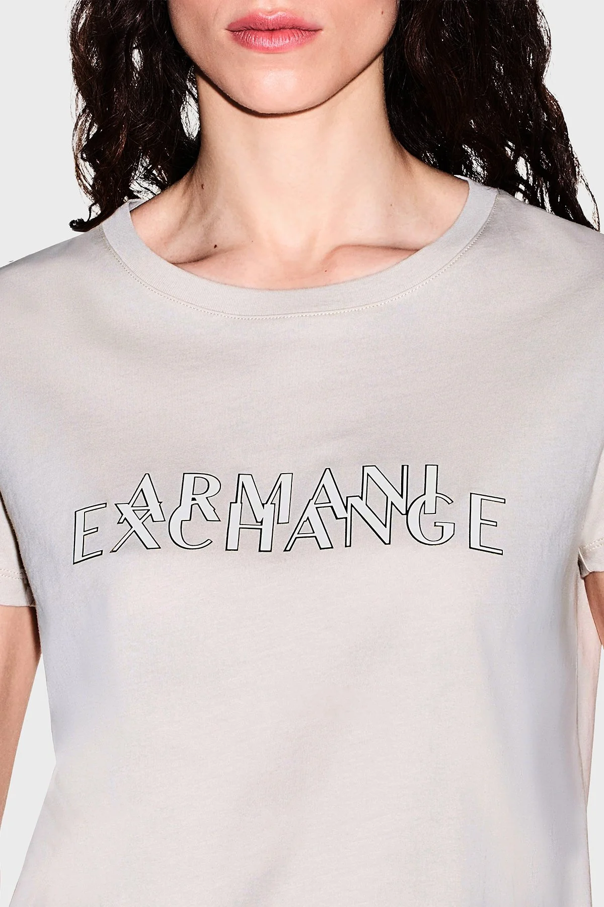 Armani Exchange %100 Pamuk Logolu Bisiklet Yaka Kadın T Shirt XW002957 AF10356 U1039 Ekru - 4