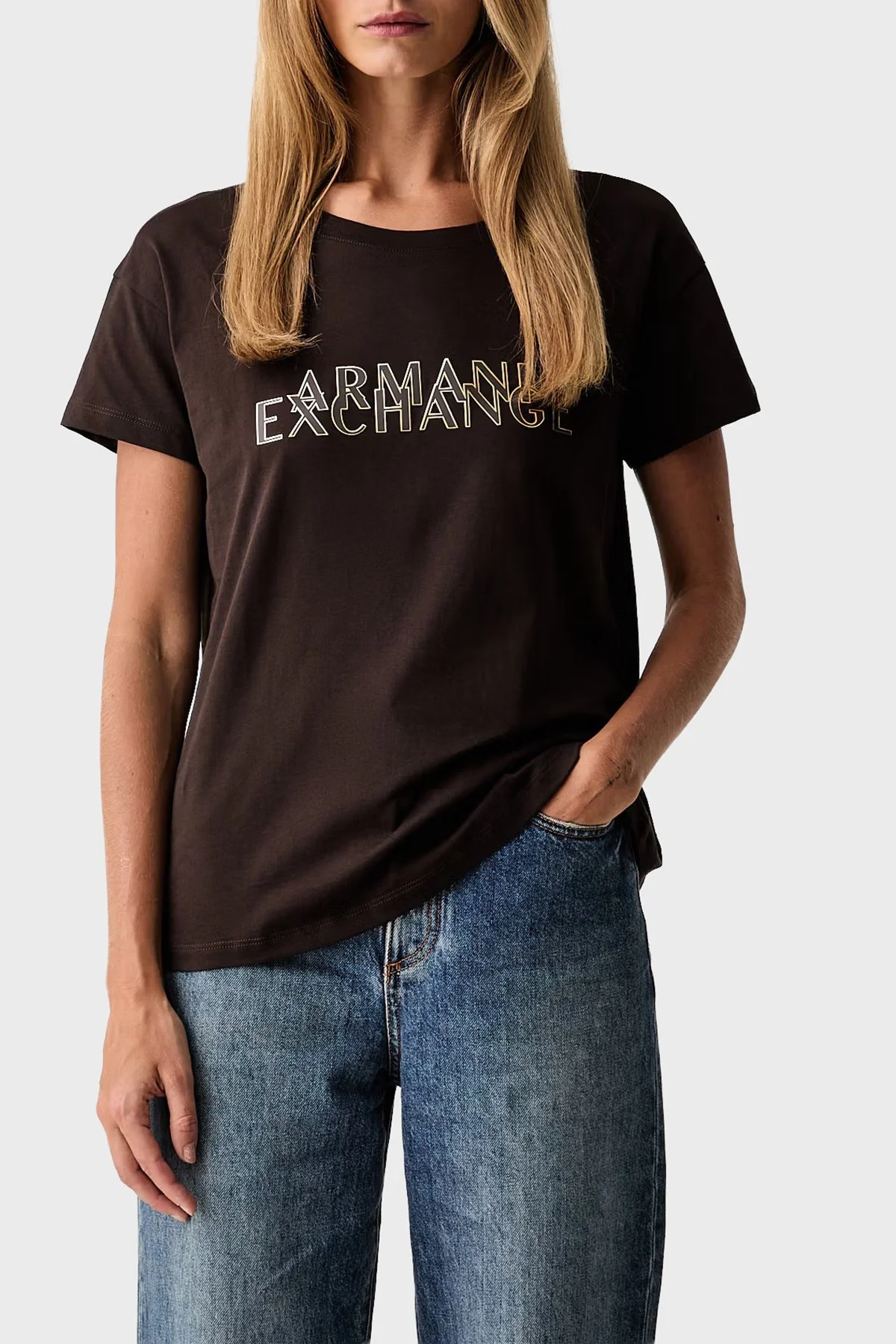 Armani Exchange %100 Pamuk Logolu Bisiklet Yaka Kadın T Shirt XW002957 AF10356 U6032 Kahve - 1