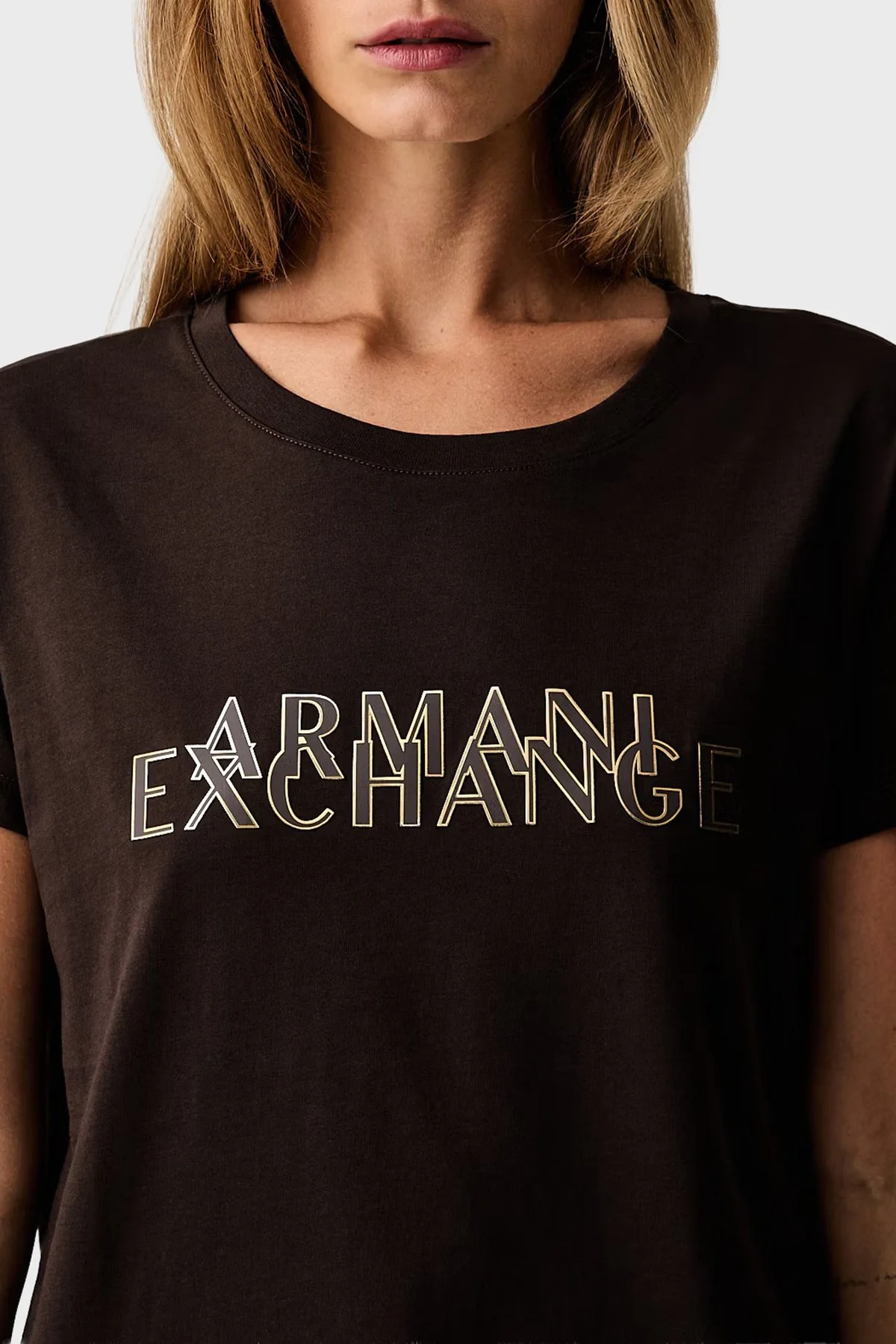 Armani Exchange %100 Pamuk Logolu Bisiklet Yaka Kadın T Shirt XW002957 AF10356 U6032 Kahve - 4