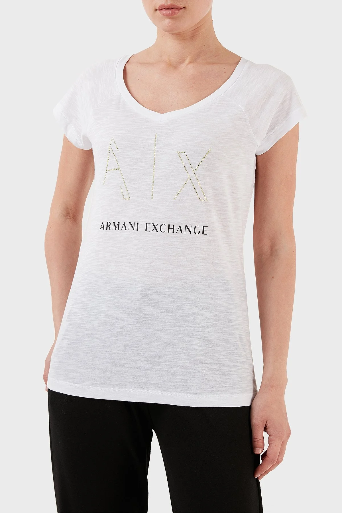Armani Exchange % 100 Pamuk Regular Fit V Yaka Bayan T Shirt 3RYTFF YJ2XZ 1000 BEYAZ - 1