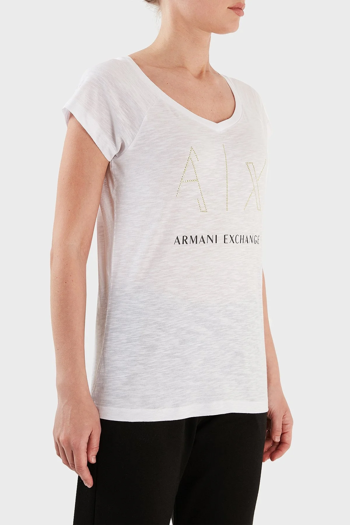 Armani Exchange % 100 Pamuk Regular Fit V Yaka Bayan T Shirt 3RYTFF YJ2XZ 1000 BEYAZ - 2