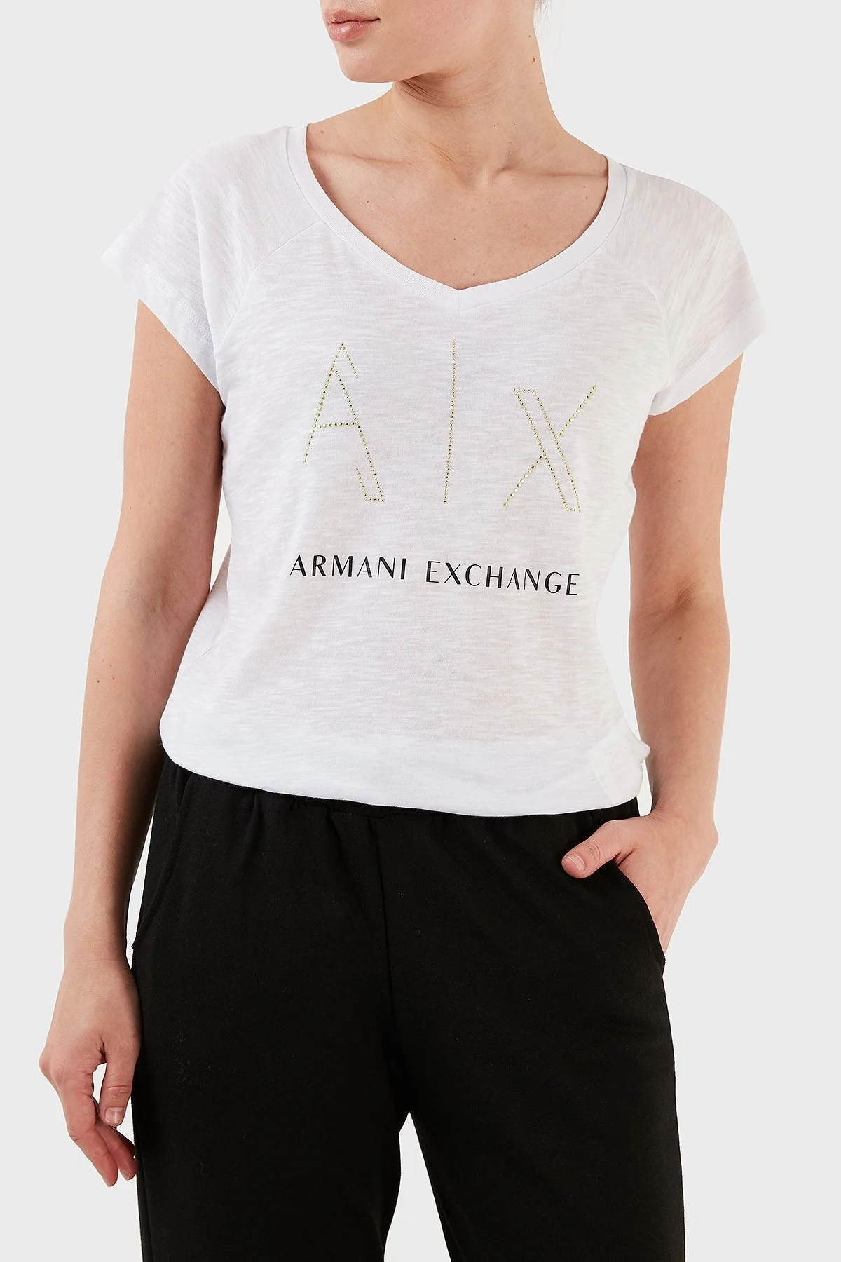 Armani Exchange % 100 Pamuk Regular Fit V Yaka Bayan T Shirt 3RYTFF YJ2XZ 1000 BEYAZ - 3
