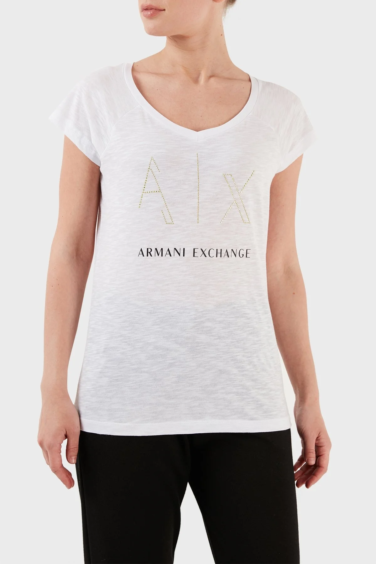 Armani Exchange % 100 Pamuk Regular Fit V Yaka Bayan T Shirt 3RYTFF YJ2XZ 1000 BEYAZ - 4