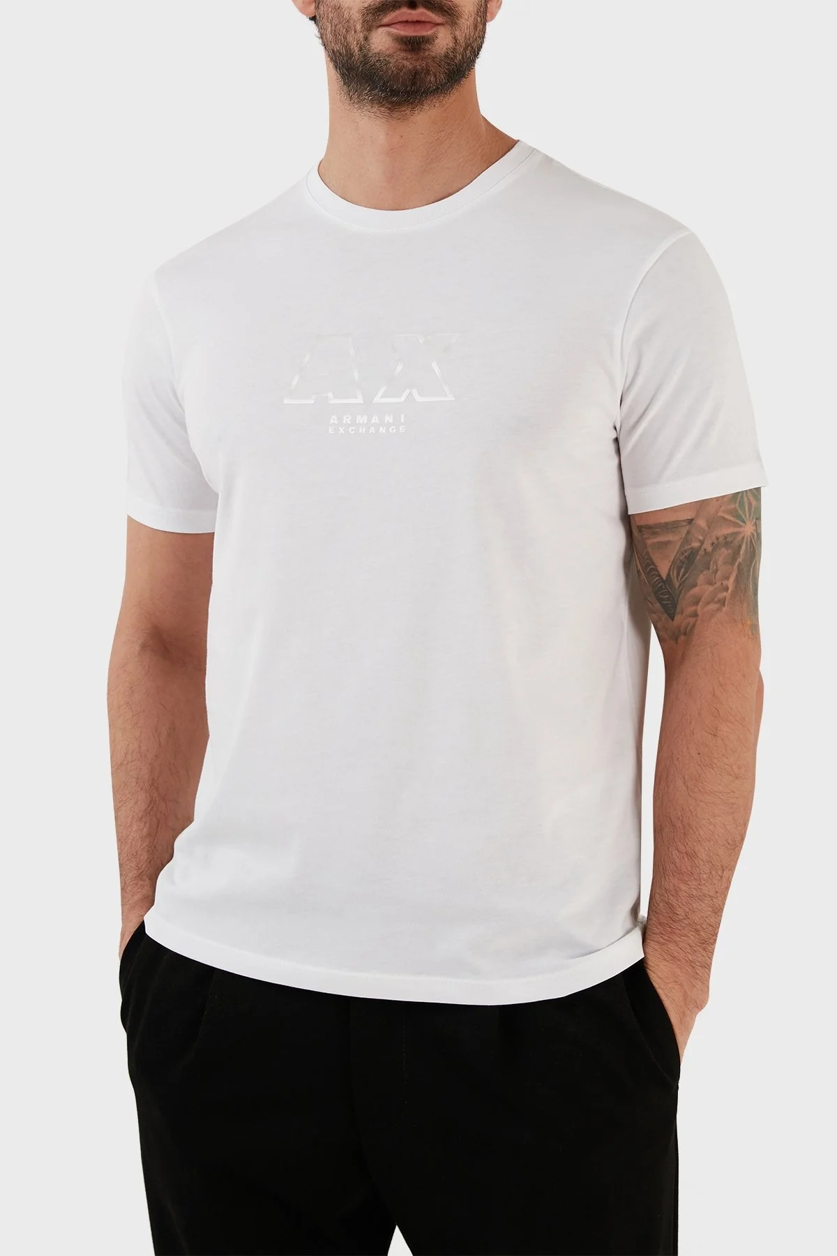 Armani Exchange % 100 Pamuk Regular Fit Bisiklet Yaka Erkek T Shirt 3RZTCG ZJ3VZ 1100 BEYAZ - 1