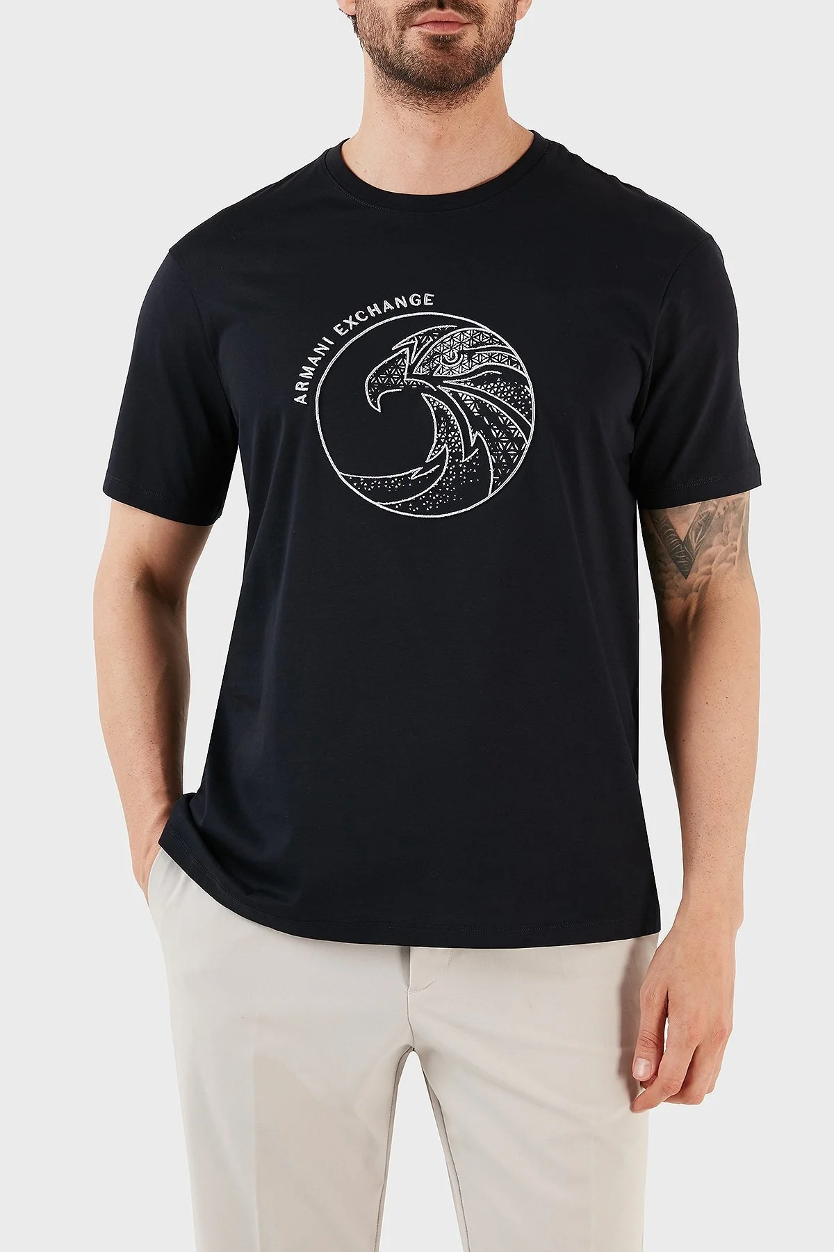 Armani Exchange % 100 Pamuk Regular Fit Bisiklet Yaka Erkek T Shirt 3RZTRD ZJ9AZ 1583 LACİVERT - 1