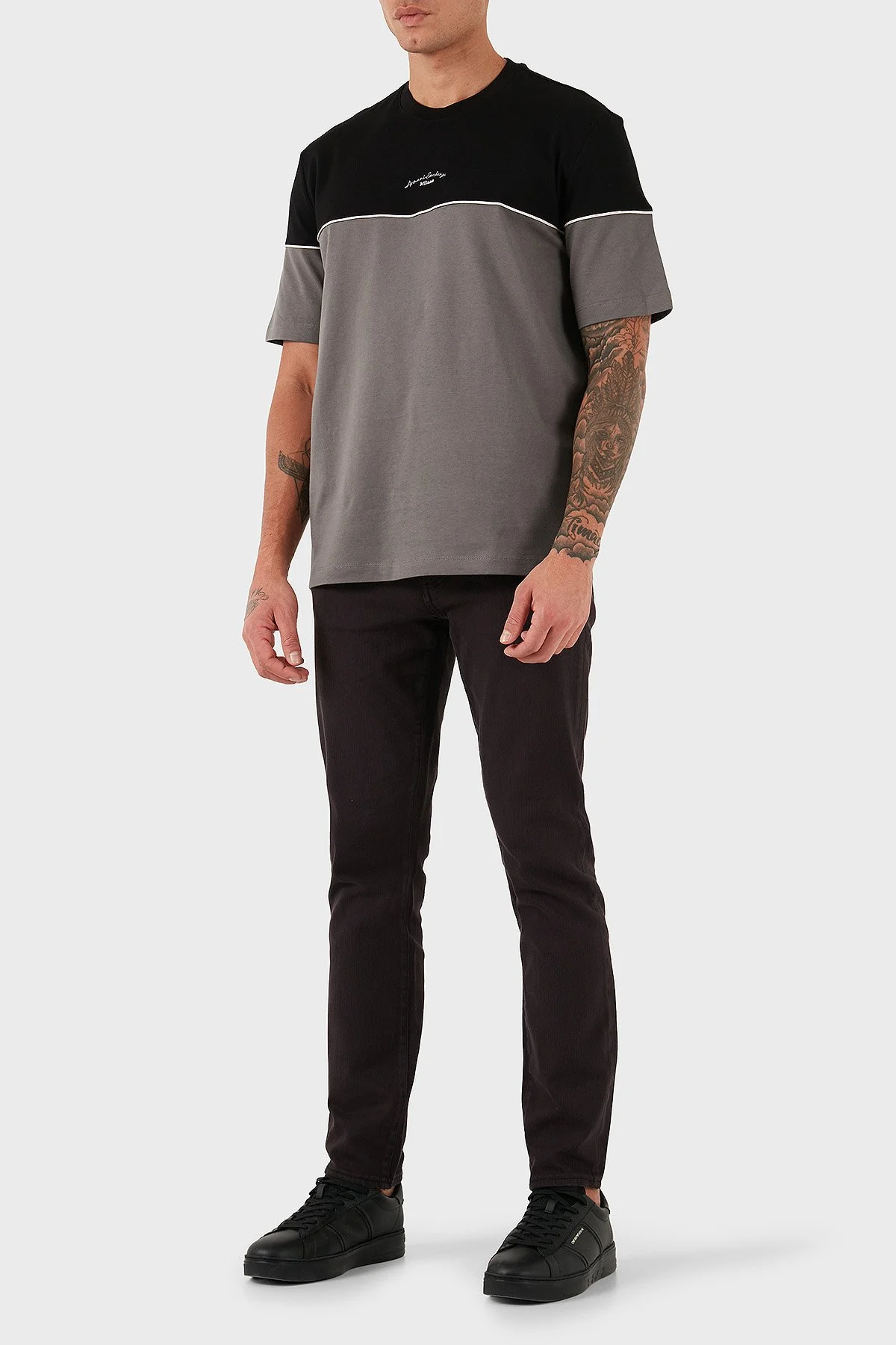 Armani Exchange % 100 Pamuk Regular Fit Bisiklet Yaka Renk Bloklu Erkek T Shirt XM001034 AF10362 MC225 SİYAH-KOYU GRİ - 2