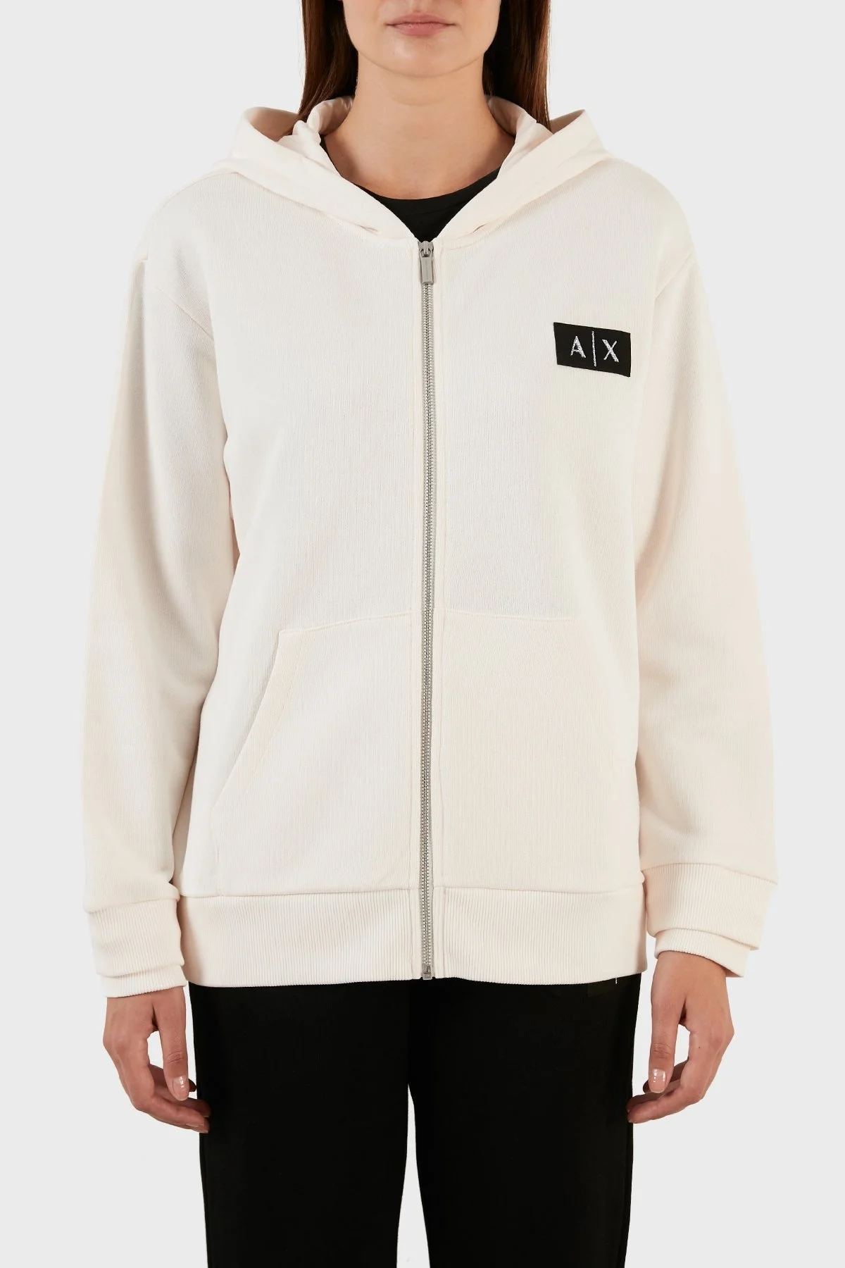 Armani Exchange % 100 Pamuk Regular Fit Fermuarlı Kapüşonlu Bayan Sweat 6LYM77 YJBUZ 1130 BEYAZ - 1