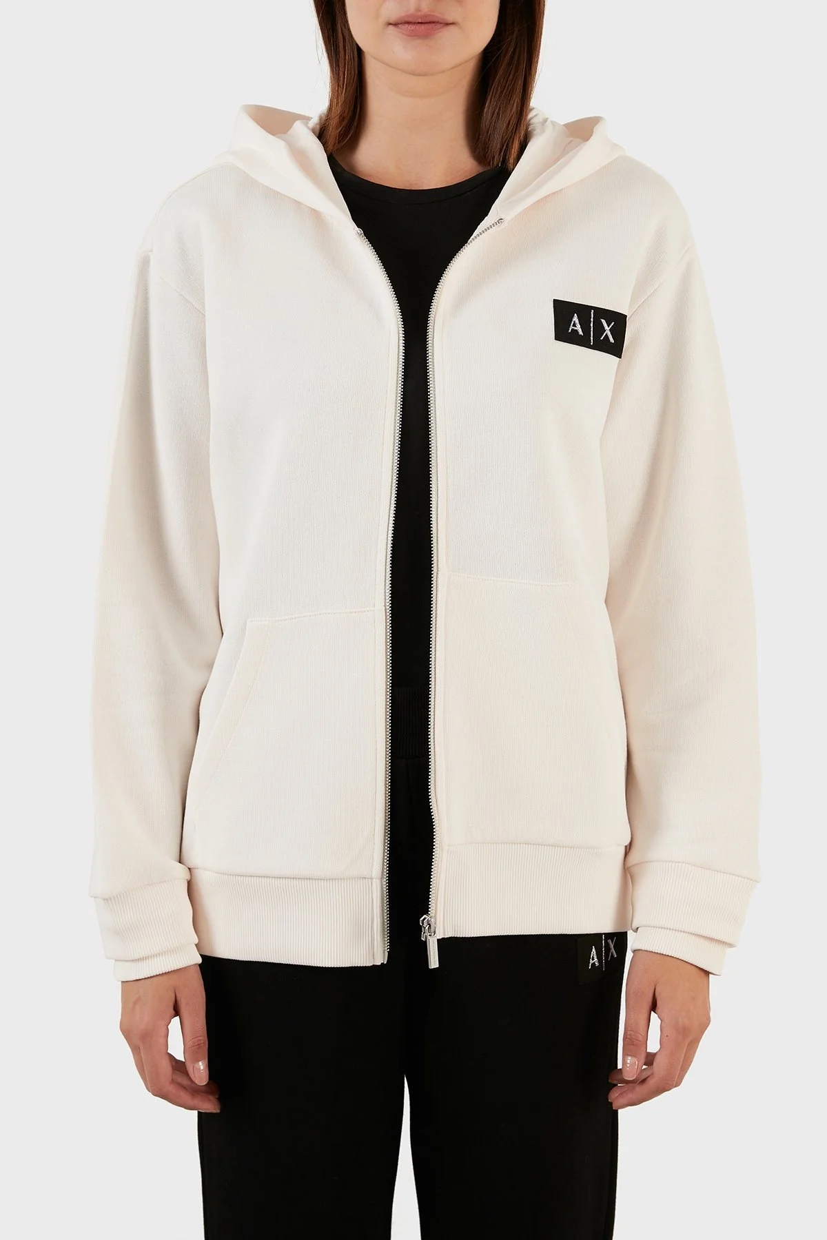 Armani Exchange % 100 Pamuk Regular Fit Fermuarlı Kapüşonlu Bayan Sweat 6LYM77 YJBUZ 1130 BEYAZ - 2
