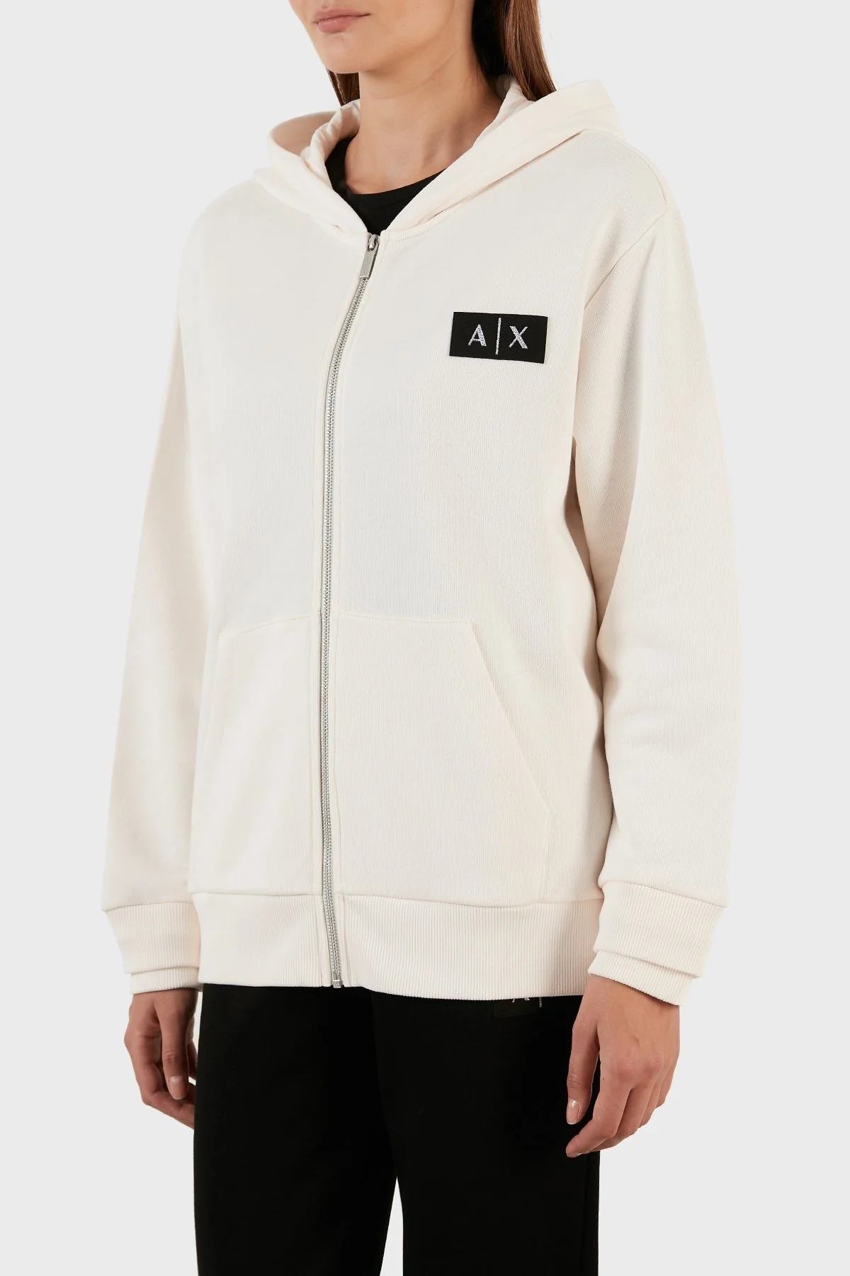 Armani Exchange % 100 Pamuk Regular Fit Fermuarlı Kapüşonlu Bayan Sweat 6LYM77 YJBUZ 1130 BEYAZ - 3
