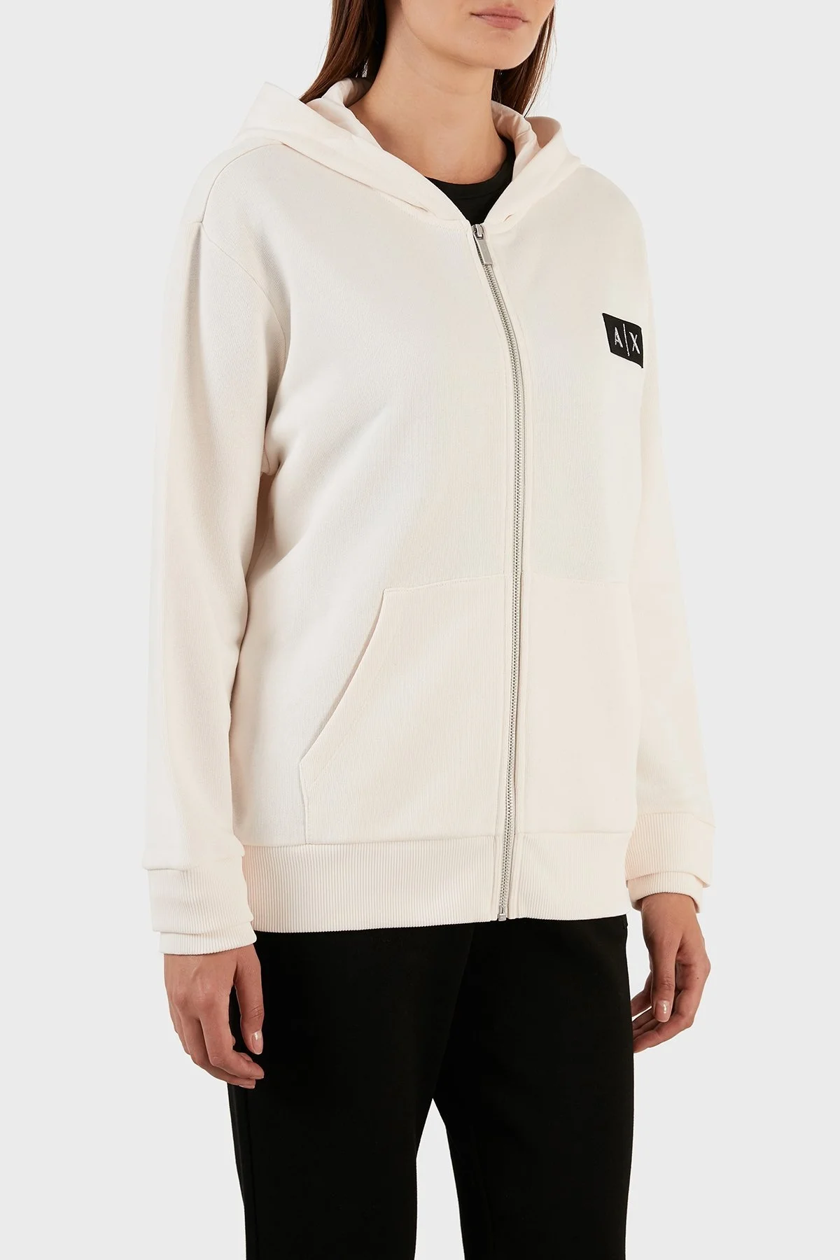 Armani Exchange % 100 Pamuk Regular Fit Fermuarlı Kapüşonlu Bayan Sweat 6LYM77 YJBUZ 1130 BEYAZ - 4