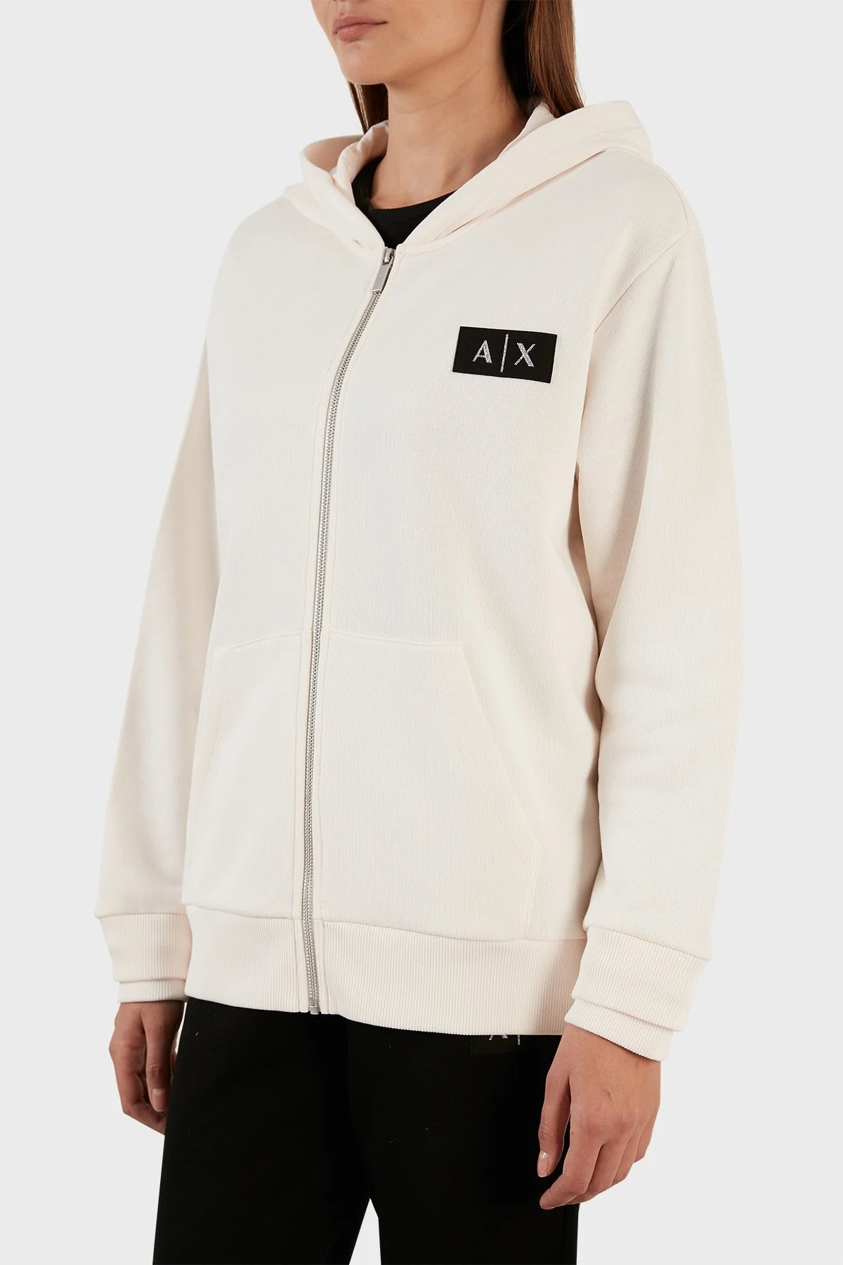 Armani Exchange % 100 Pamuk Regular Fit Fermuarlı Kapüşonlu Bayan Sweat 6LYM77 YJBUZ 1130 BEYAZ - 6