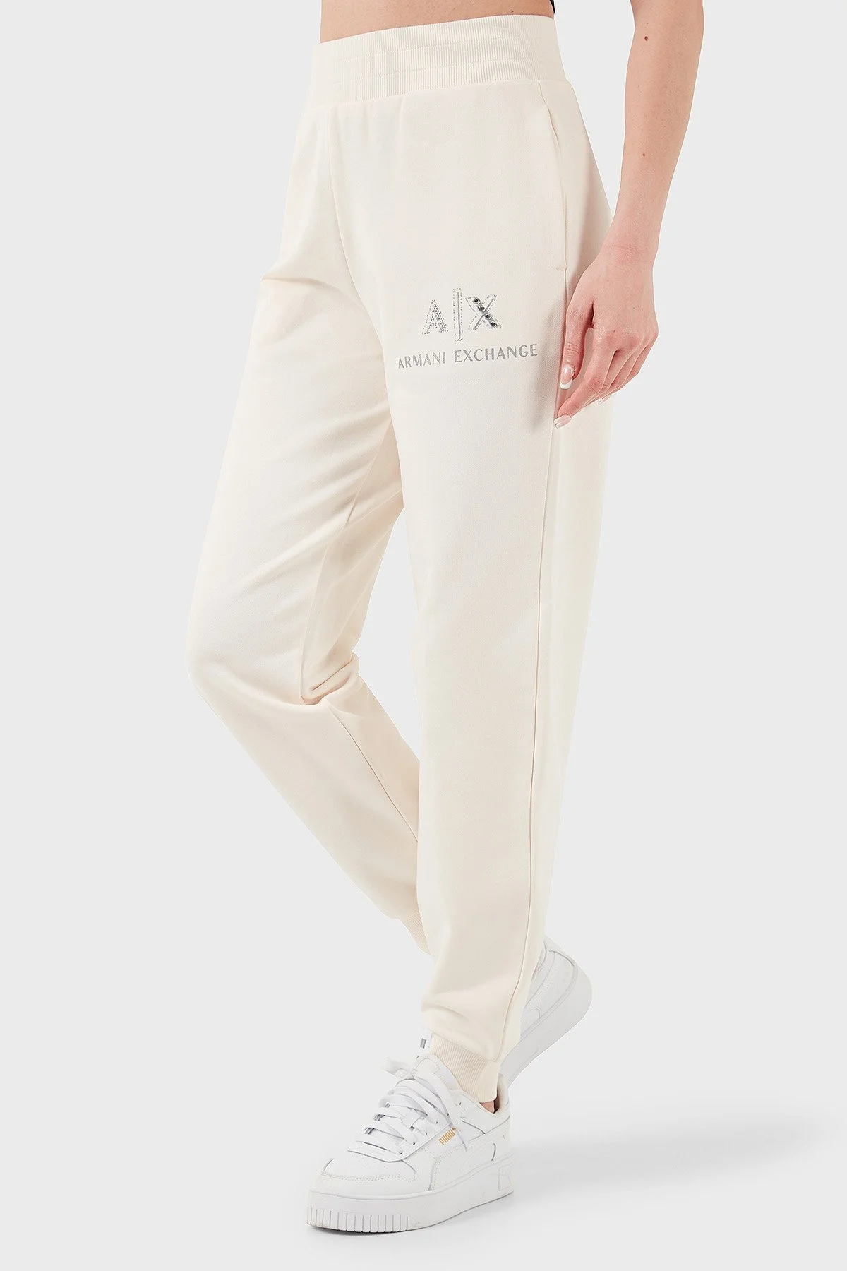 Armani Exchange % 100 Pamuk Regular Fit Ribanalı Paça Bayan Pantolon XW000162 AF11851 U1003 EKRU - 10