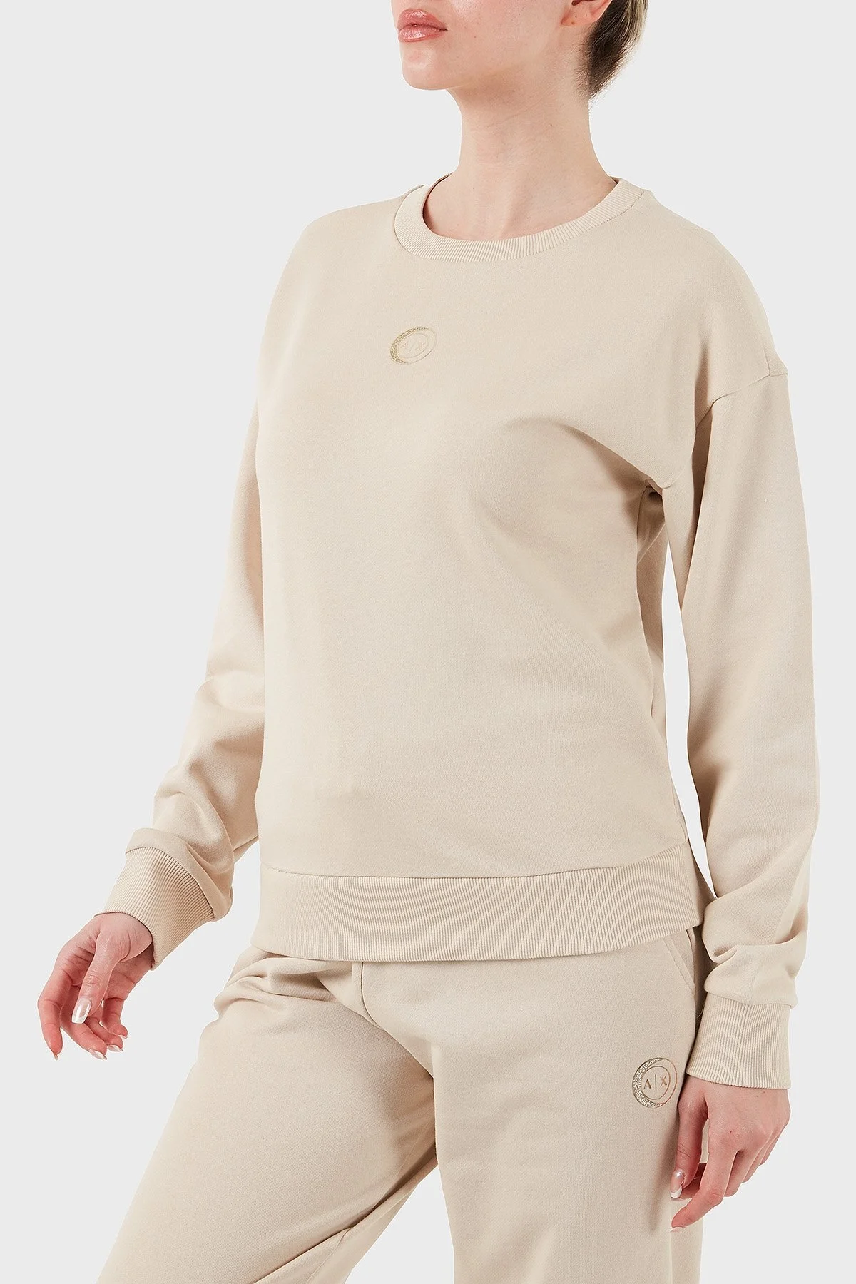 Armani Exchange % 100 Pamuk Relaxed Fit Bisiklet Yaka Bayan Sweat XW000317 AF12217 U1095 BEJ - 11
