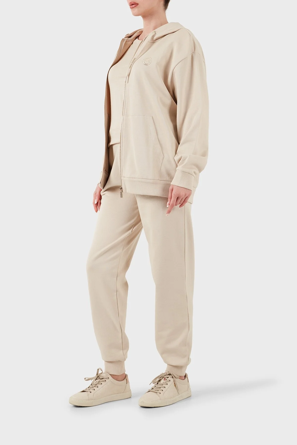 Armani Exchange % 100 Pamuk Relaxed Fit Kapüşonlu Fermuarlı Bayan Sweat XW000318 AF12217 U1095 BEJ - 8