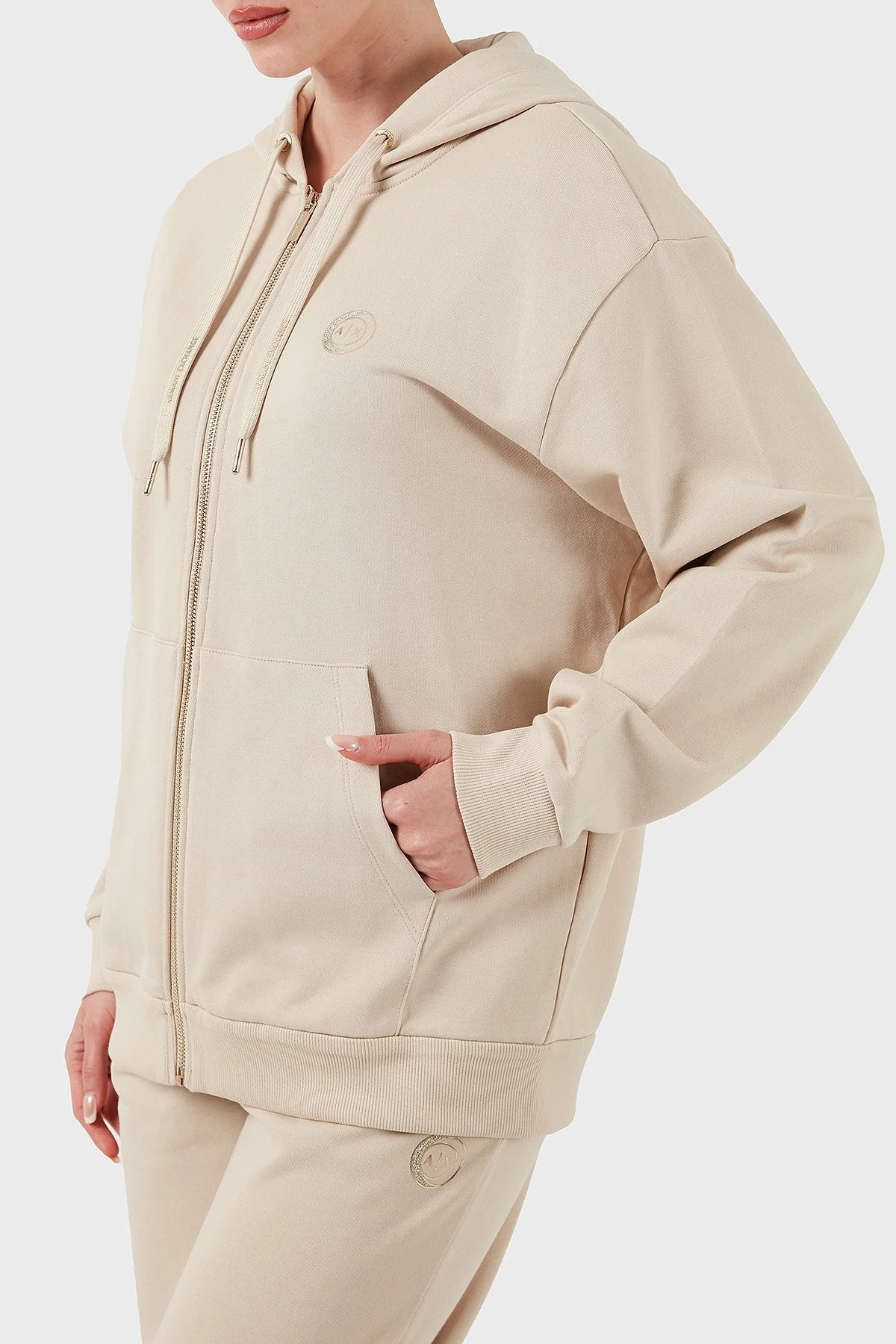 Armani Exchange % 100 Pamuk Relaxed Fit Kapüşonlu Fermuarlı Bayan Sweat XW000318 AF12217 U1095 BEJ - 10