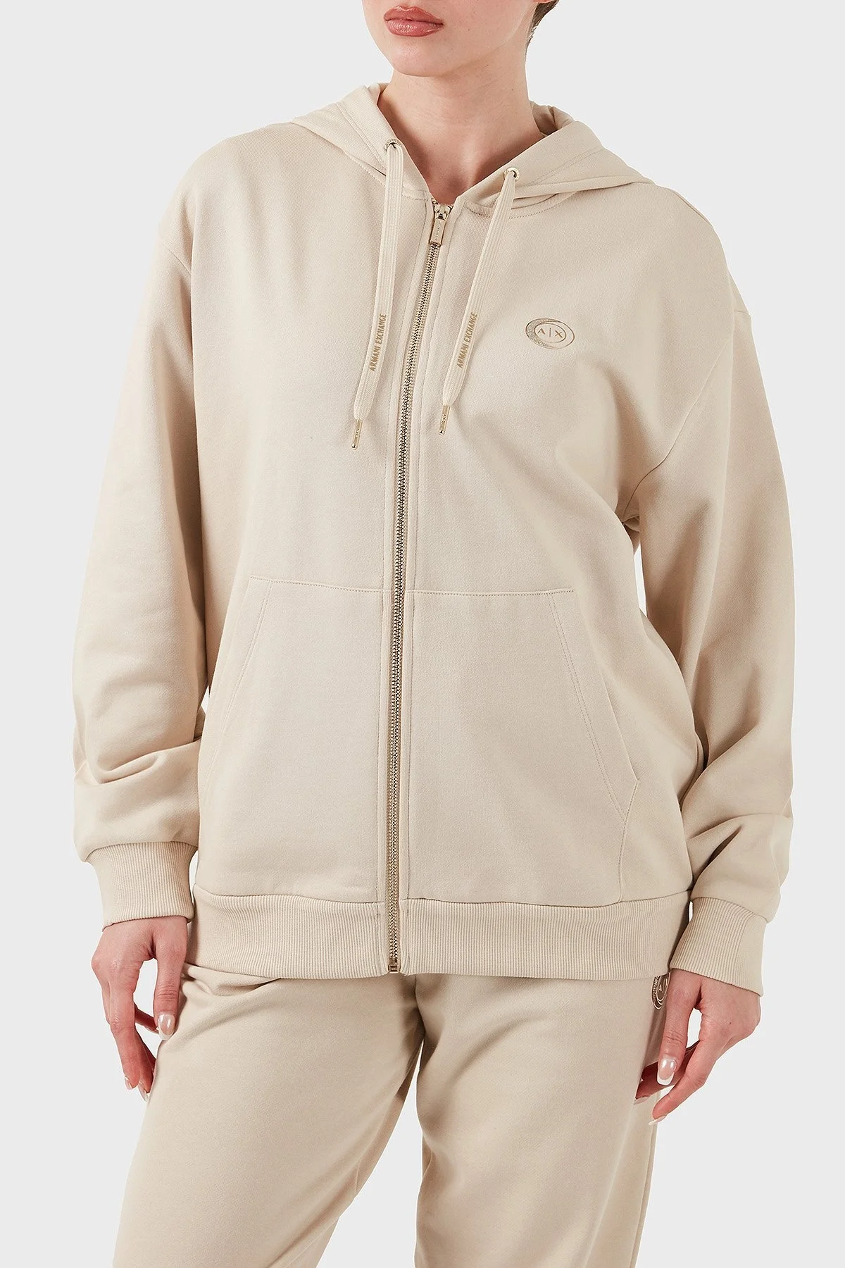 Armani Exchange % 100 Pamuk Relaxed Fit Kapüşonlu Fermuarlı Bayan Sweat XW000318 AF12217 U1095 BEJ - 11