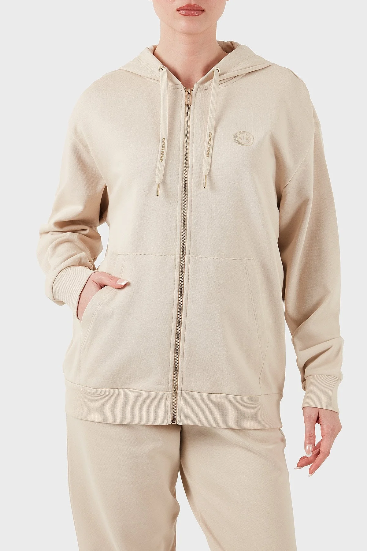 Armani Exchange % 100 Pamuk Relaxed Fit Kapüşonlu Fermuarlı Bayan Sweat XW000318 AF12217 U1095 BEJ - 12