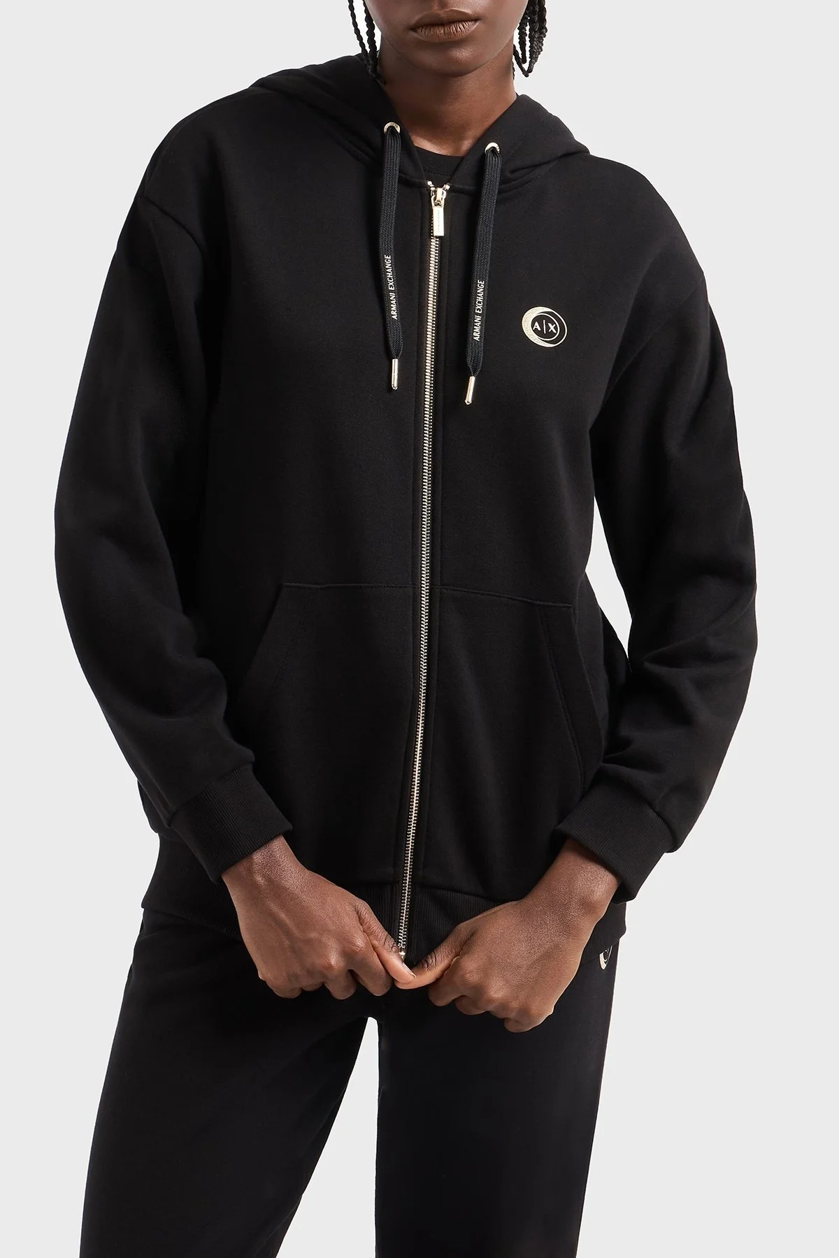 Armani Exchange % 100 Pamuk Relaxed Fit Kapüşonlu Fermuarlı Bayan Sweat XW000318 AF12217 UC001 SİYAH - 6