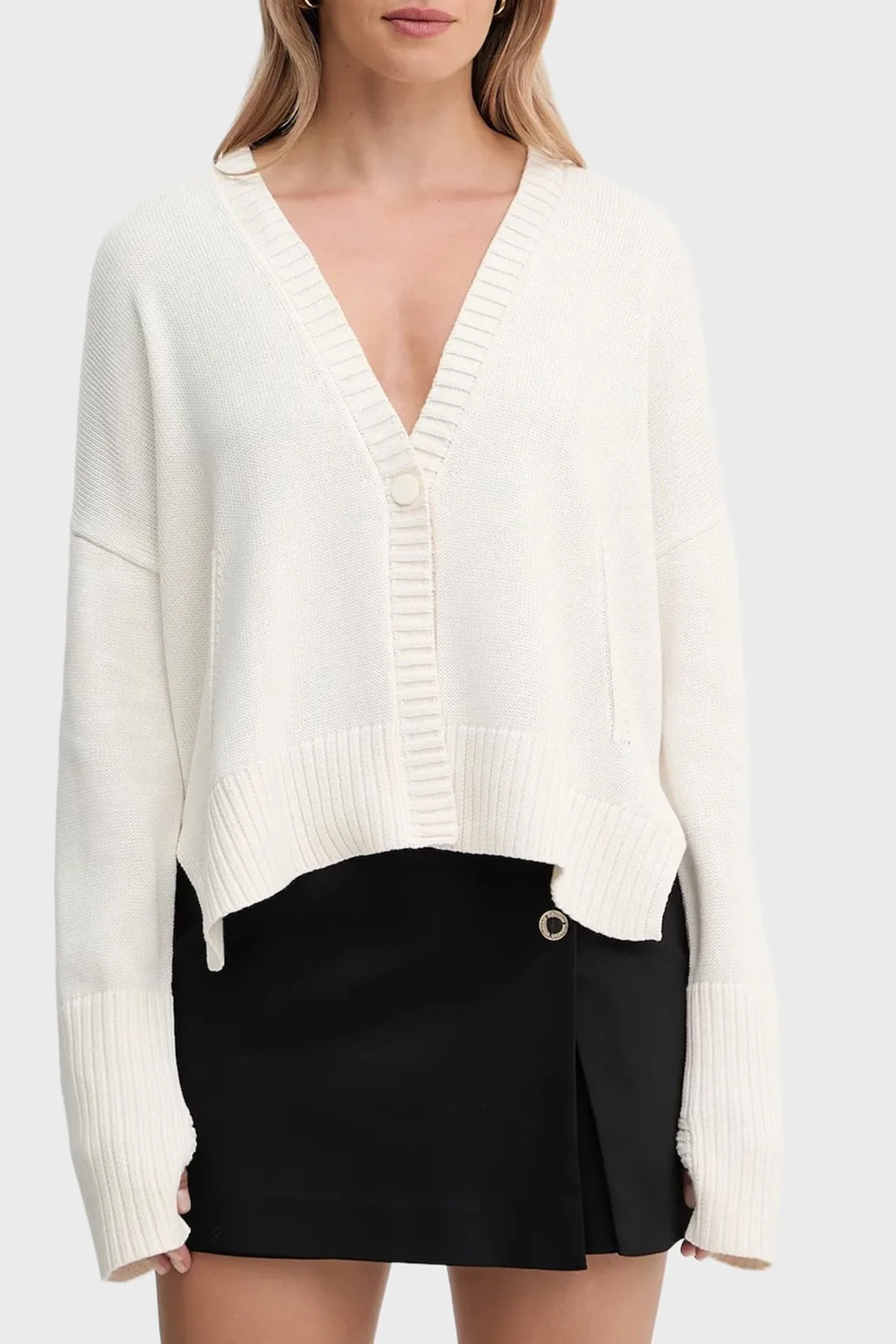 Armani Exchange % 100 Pamuk Relaxed Fit V Yaka Asimetrik Bayan Hırka XW001304 AF16552 U1003 EKRU - 1