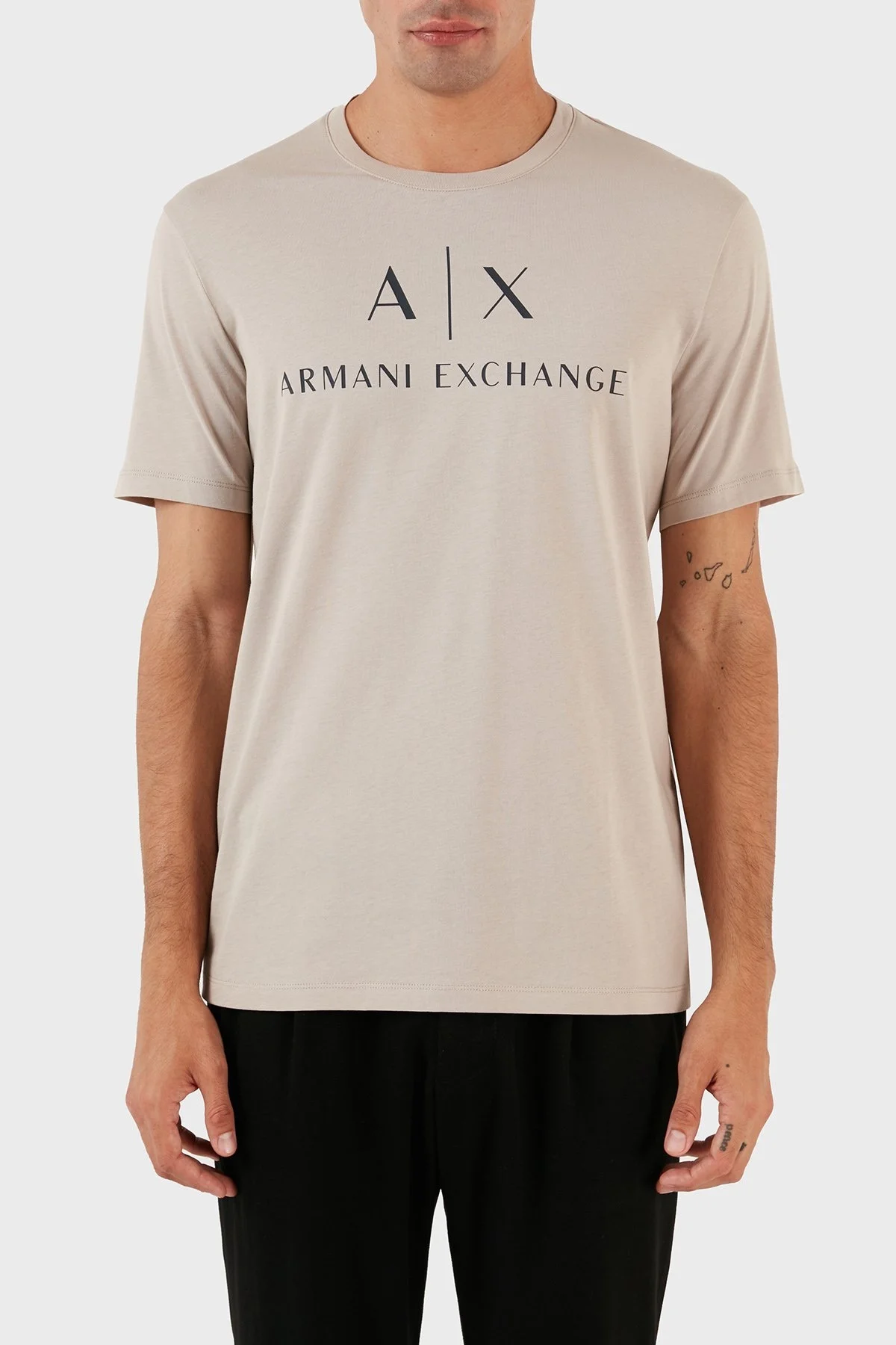 Armani Exchange % 100 Pamuk Slim Fit Baskılı Bisiklet Yaka Erkek T Shirt 8NZTCJ Z8H4Z 6711 BEJ - 1
