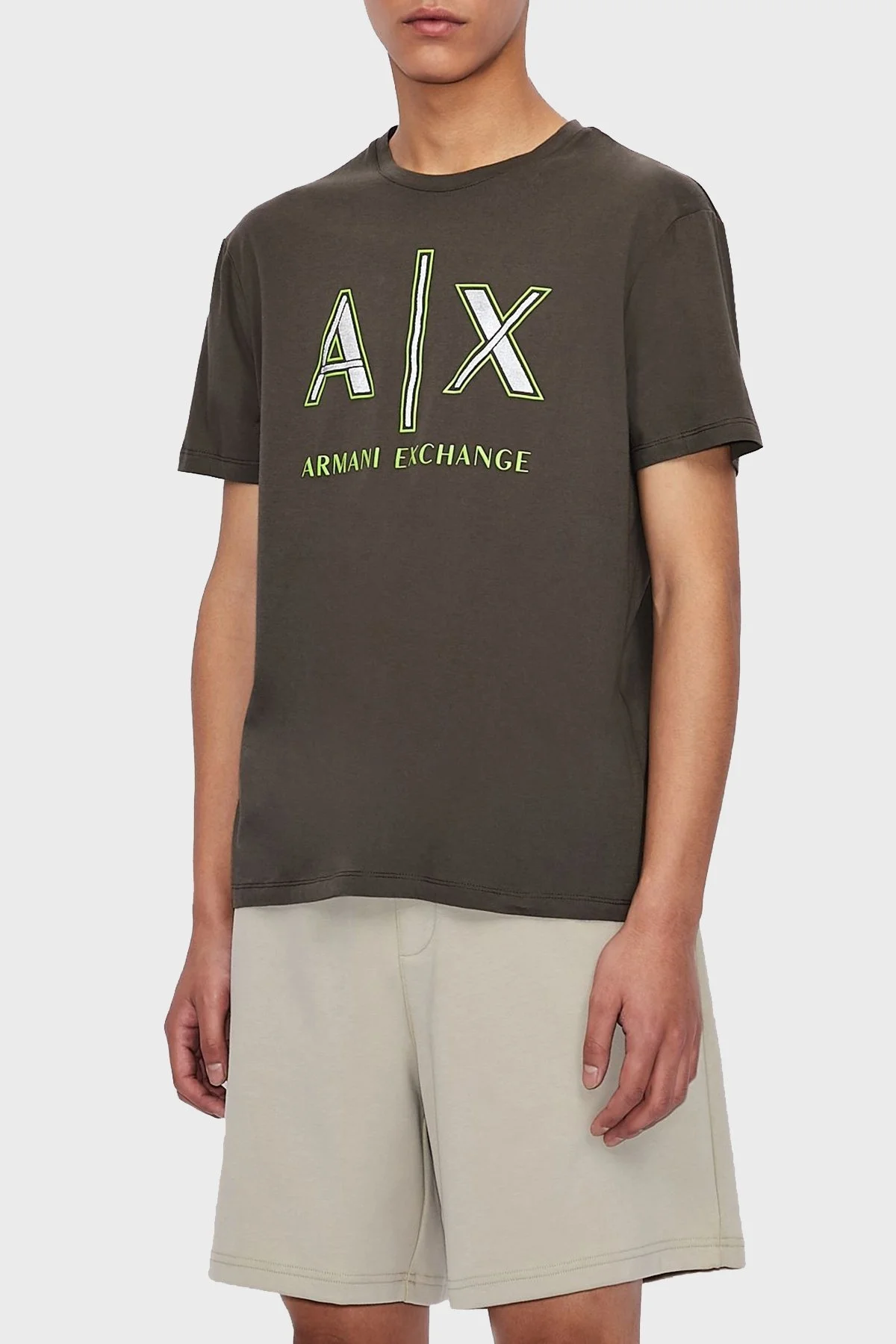 Armani Exchange % 100 Pamuklu Bisiklet Yaka Erkek T Shirt 3KZTAF ZJ4JZ 1855 HAKİ - 1