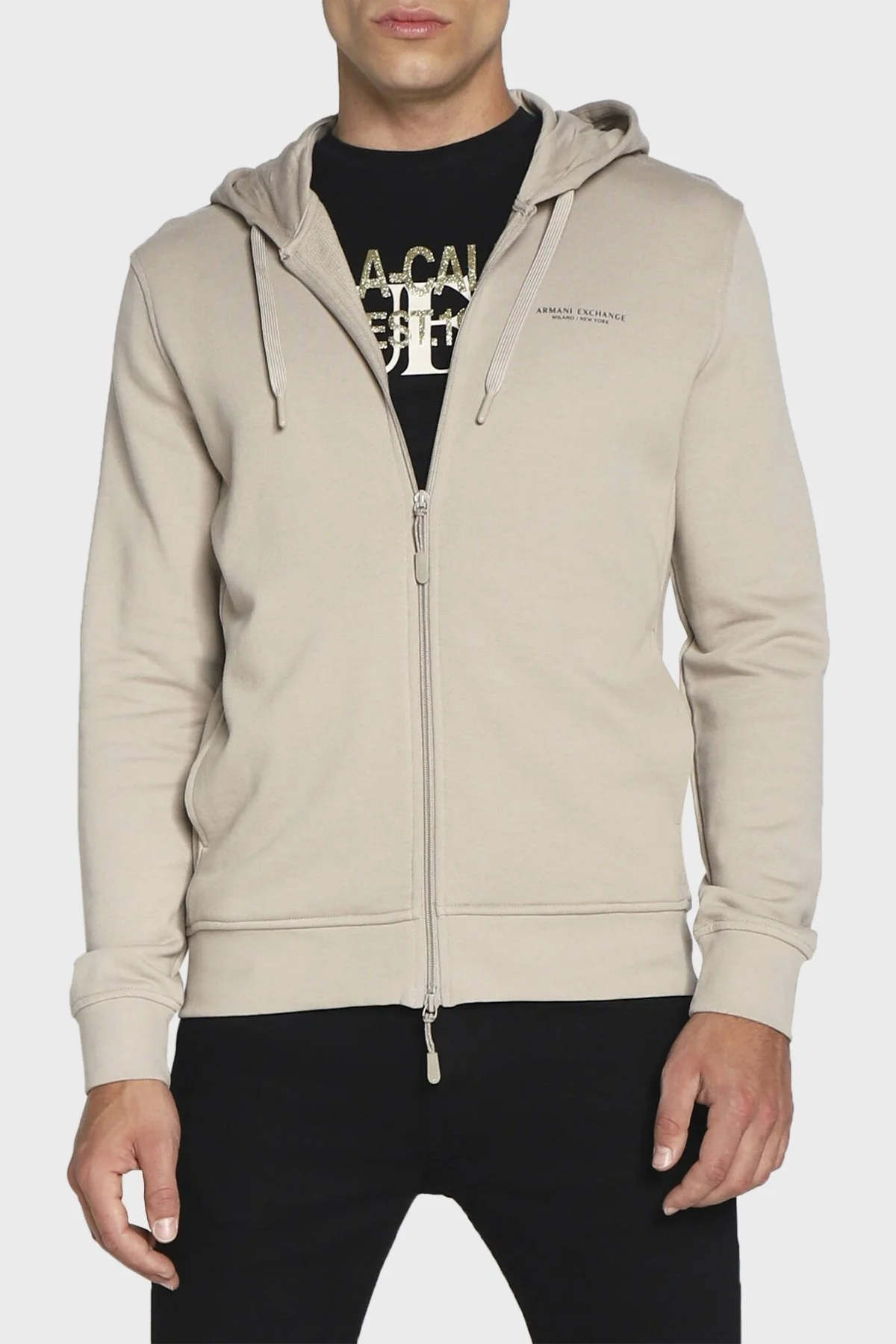 Armani Exchange % 100 Pamuklu Kapüşonlu Fermuarlı Erkek Sweat 8NZM95 ZJKRZ 6711 BEJ - 1