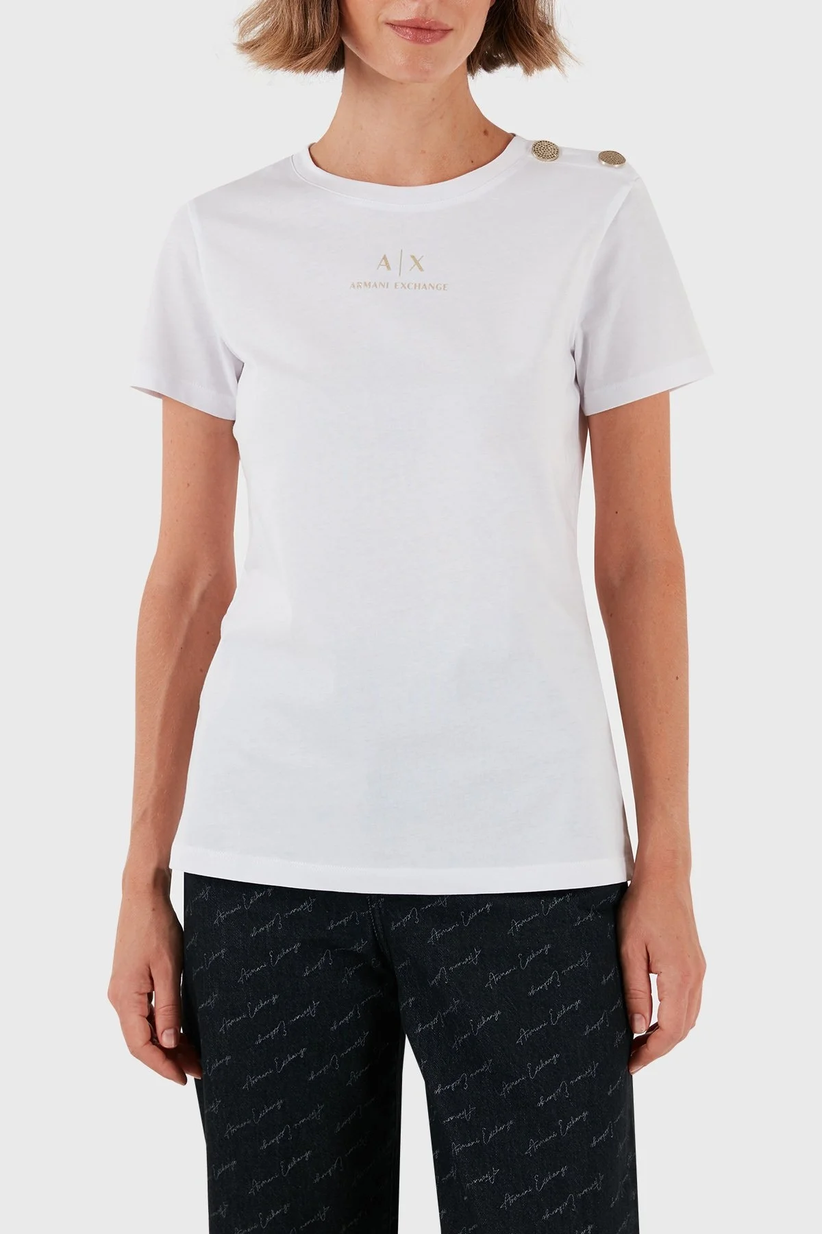 Armani Exchange % 100 Pamuklu Slim Fit Bayan T Shirt 6DYT46 YJ3RZ 1000 BEYAZ - 1