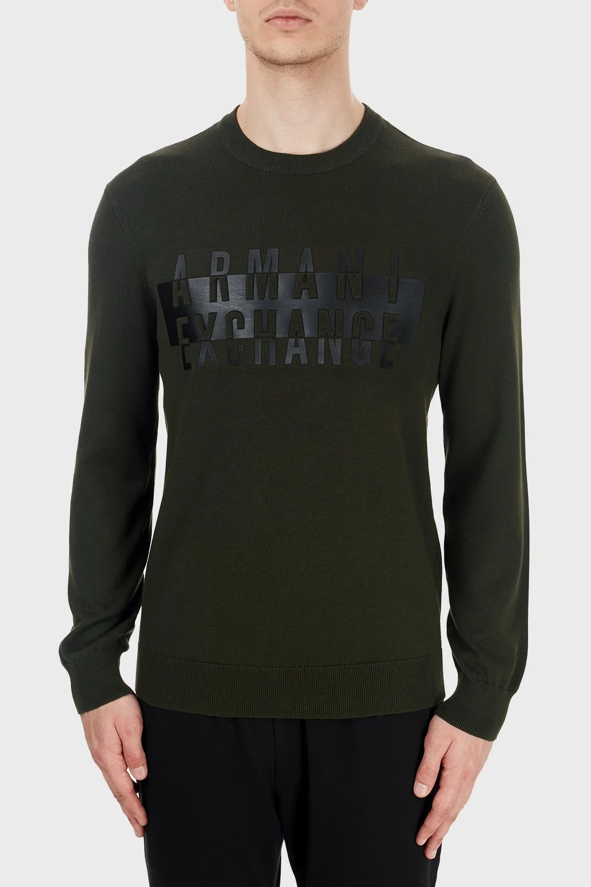 Armani Exchange % 100 Yünlü Baskılı Bisiklet Yaka Erkek Kazak 6HZM2J ZMQ7Z 1851 HAKİ - 1