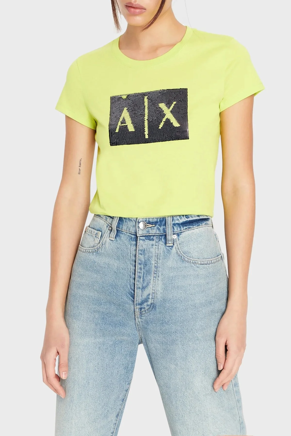 Armani Exchange Baskılı % 100 Pamuk Slim Fit Bisiklet Yaka Bayan T Shirt 8NYTDL YJ73Z 1884 SARI - 1