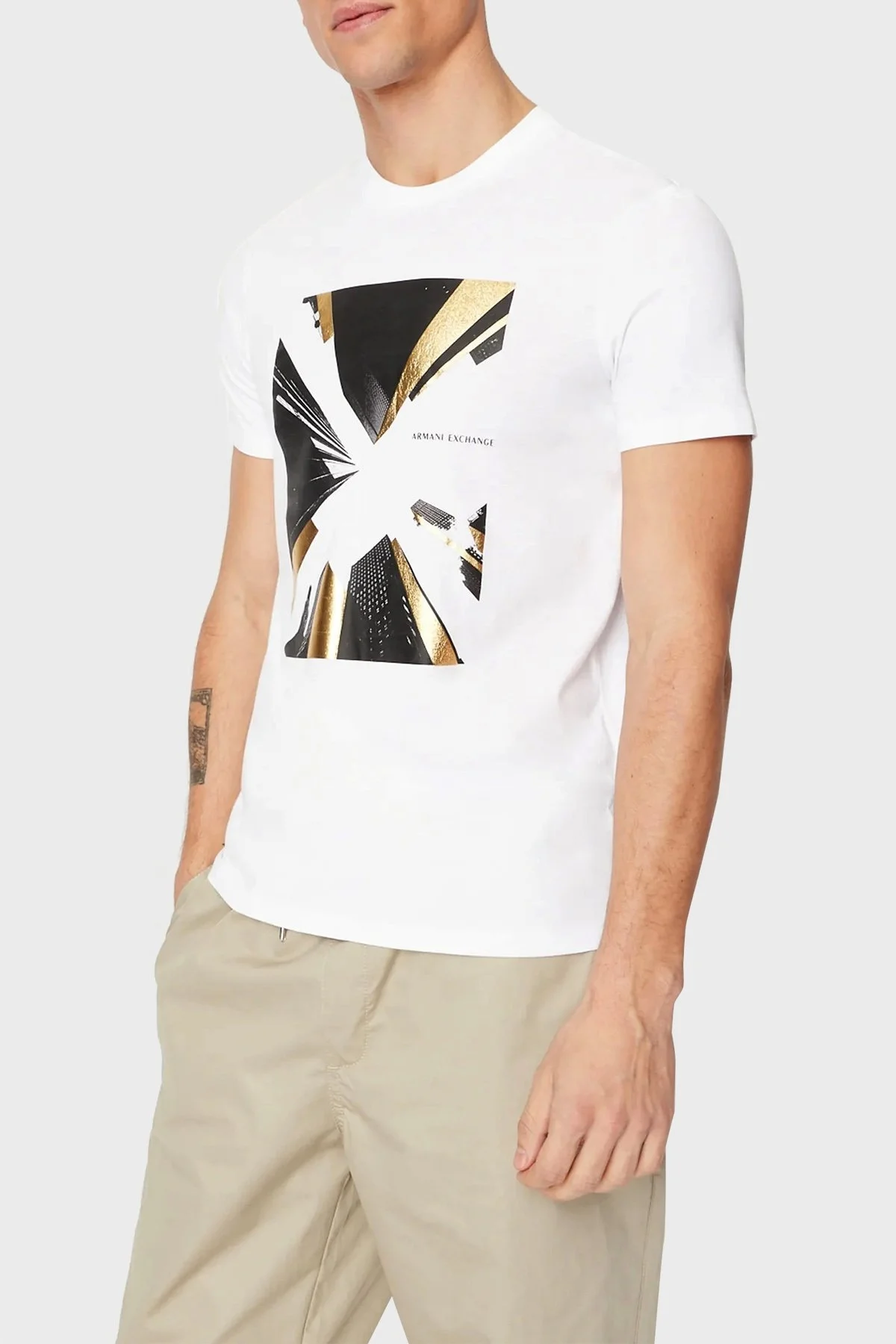 Armani Exchange Baskılı Bisiklet Yaka % 100 Pamuk Regular Fit Erkek T Shirt 3RZTHQ ZJBYZ 1100 BEYAZ - 1