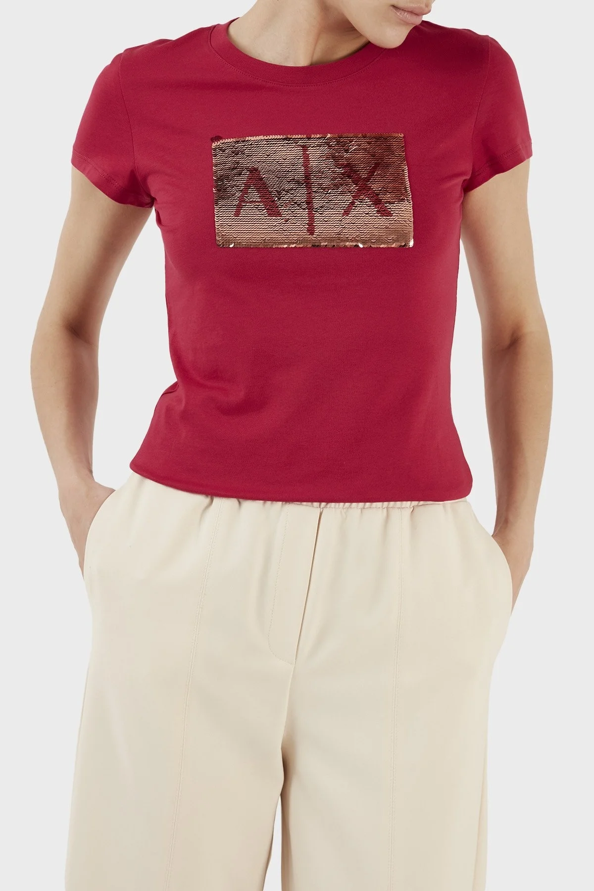 Armani Exchange Baskılı Slim Fit Bisiklet Yaka % 100 Pamuk Bayan T Shirt 8NYTDL YJ73Z 14AP FUŞYA - 7