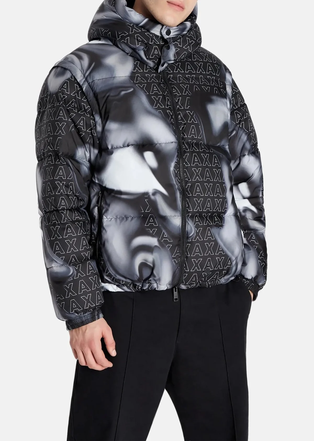 Armani Exchange Çıkarılabilir Kapüşonlu Logo Desenli Regular Fit Şişme Erkek Mont 6RZB06 ZNUQZ 22BS SİYAH-GRİ - 1