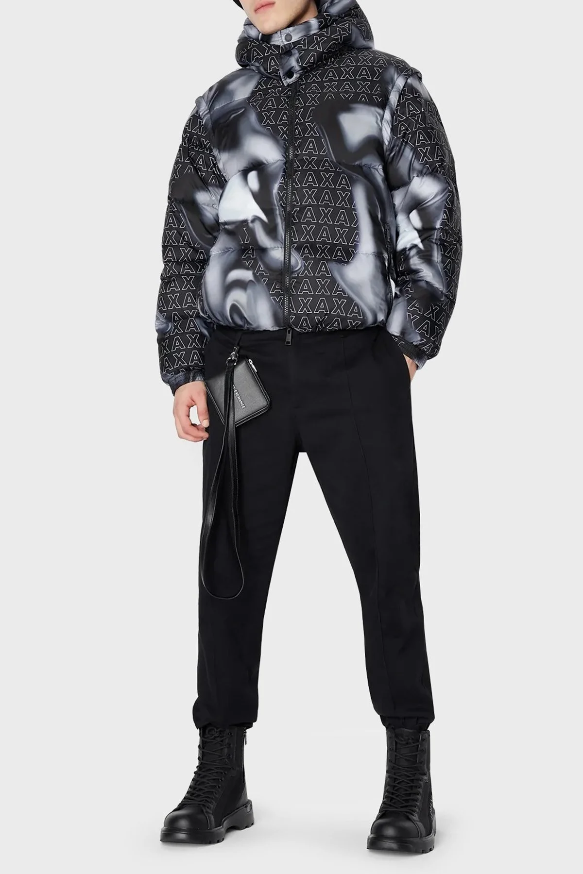 Armani Exchange Çıkarılabilir Kapüşonlu Logo Desenli Regular Fit Şişme Erkek Mont 6RZB06 ZNUQZ 22BS SİYAH-GRİ - 3