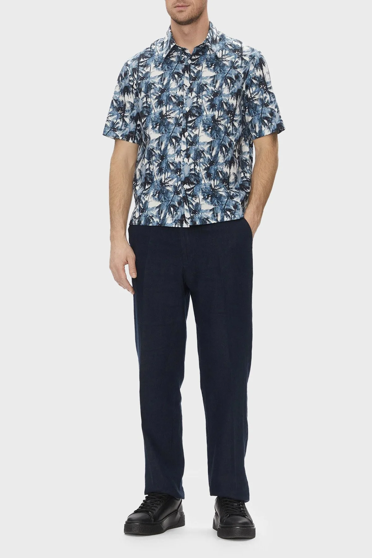 Armani Exchange Desenli % 100 Pamuk Regular Fit Kısa Kollu Erkek Gömlek XM001240 AF14869 F0041 LACİVERT - 7