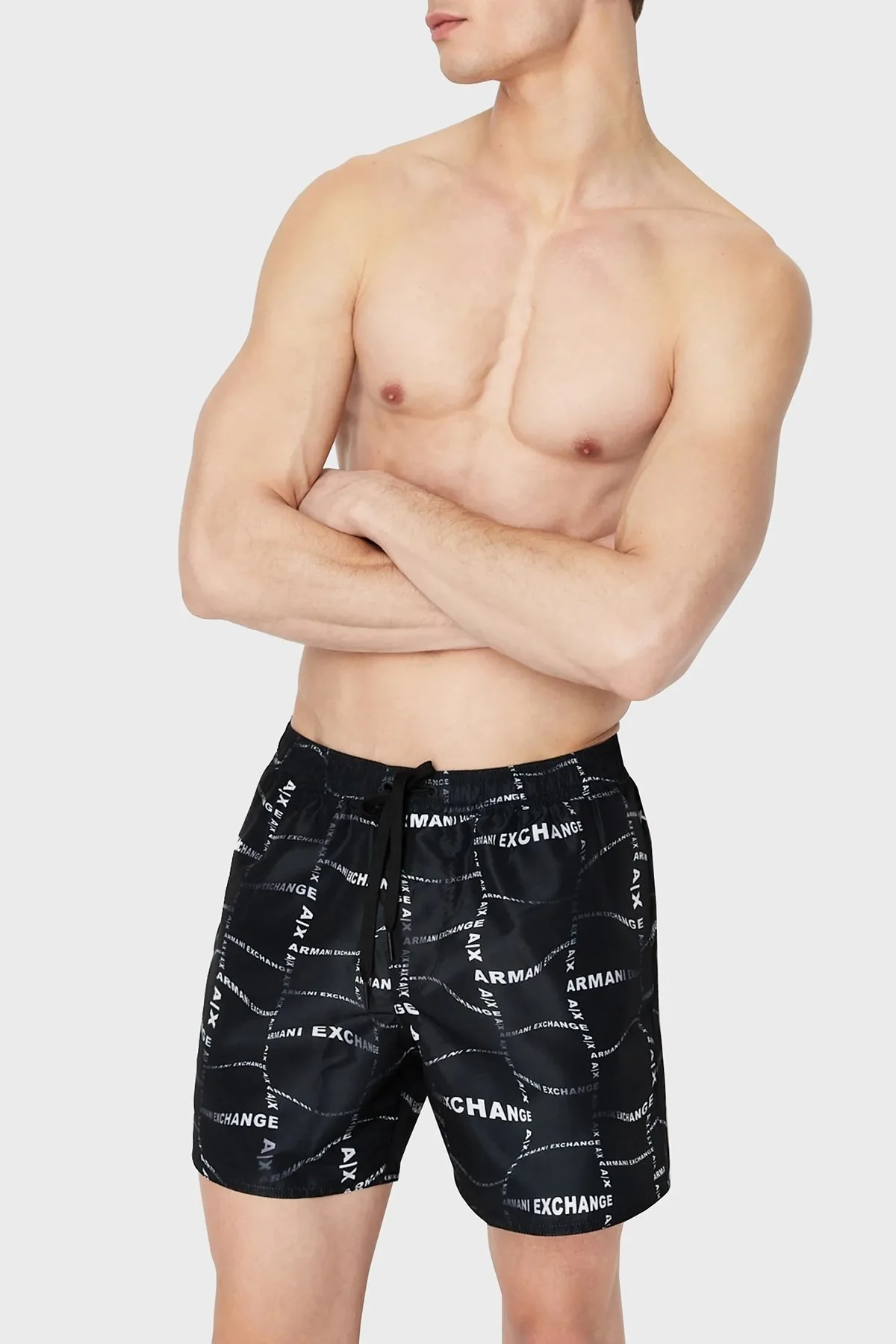 Armani Exchange Desenli Deniz Şortu Belden Bağlamalı Erkek Mayo Short 953001 3R624 27321 SİYAH - 1