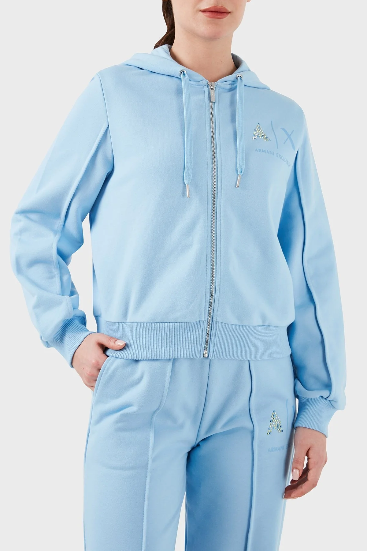 Armani Exchange Fermuarlı Kapüşonlu Regular Fit Bayan Sweat 3DYM33 YJFEZ 15DD MAVİ - 8