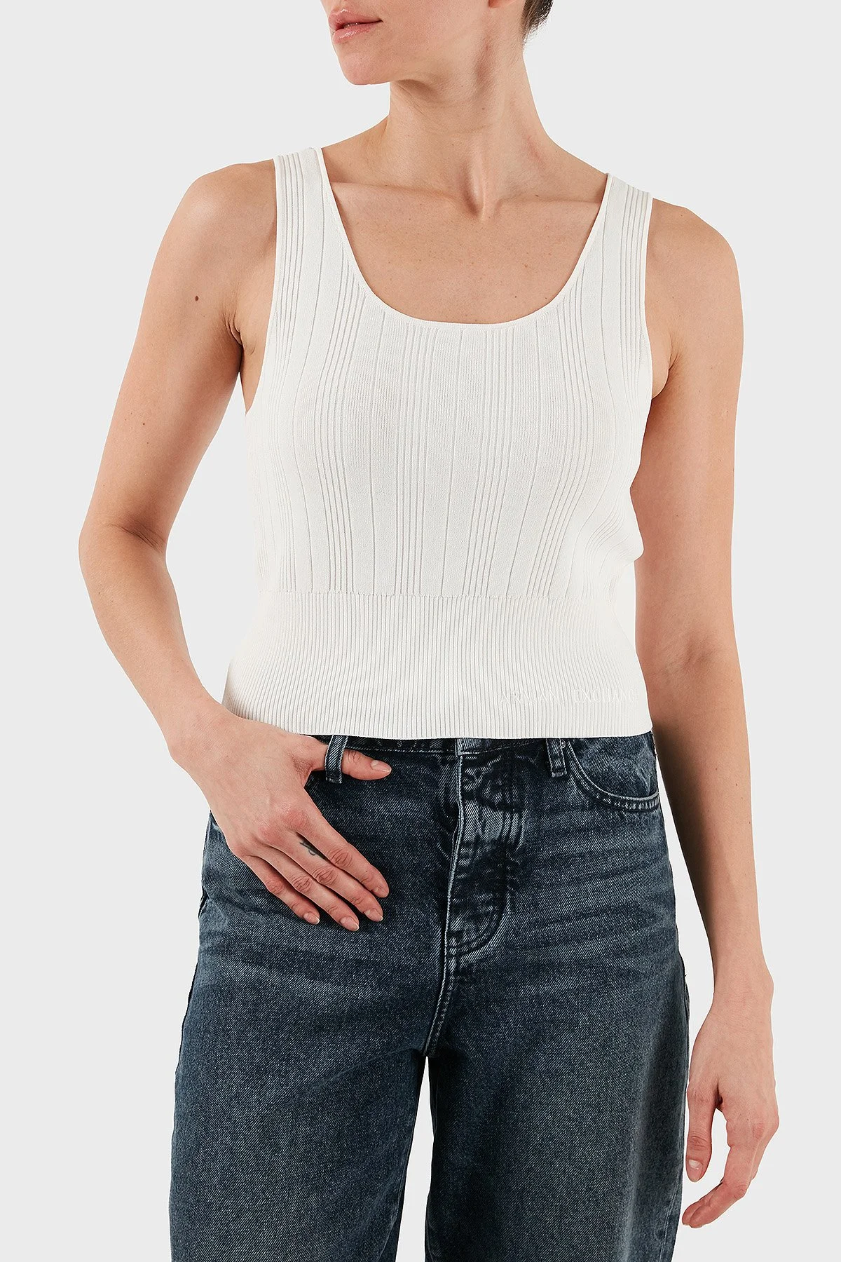 Armani Exchange Fitilli Slim Fit Bisiklet Yaka Kadın Top XW001303 AF10352 U1003 Ekru - 1