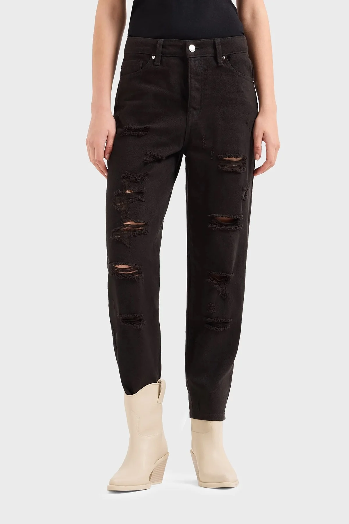 Armani Exchange J51 Yırtık Detaylı Tapered Fit Jeans Bayan Kot Pantolon 3DYJ51 Y1HRZ 1200 SİYAH - 1