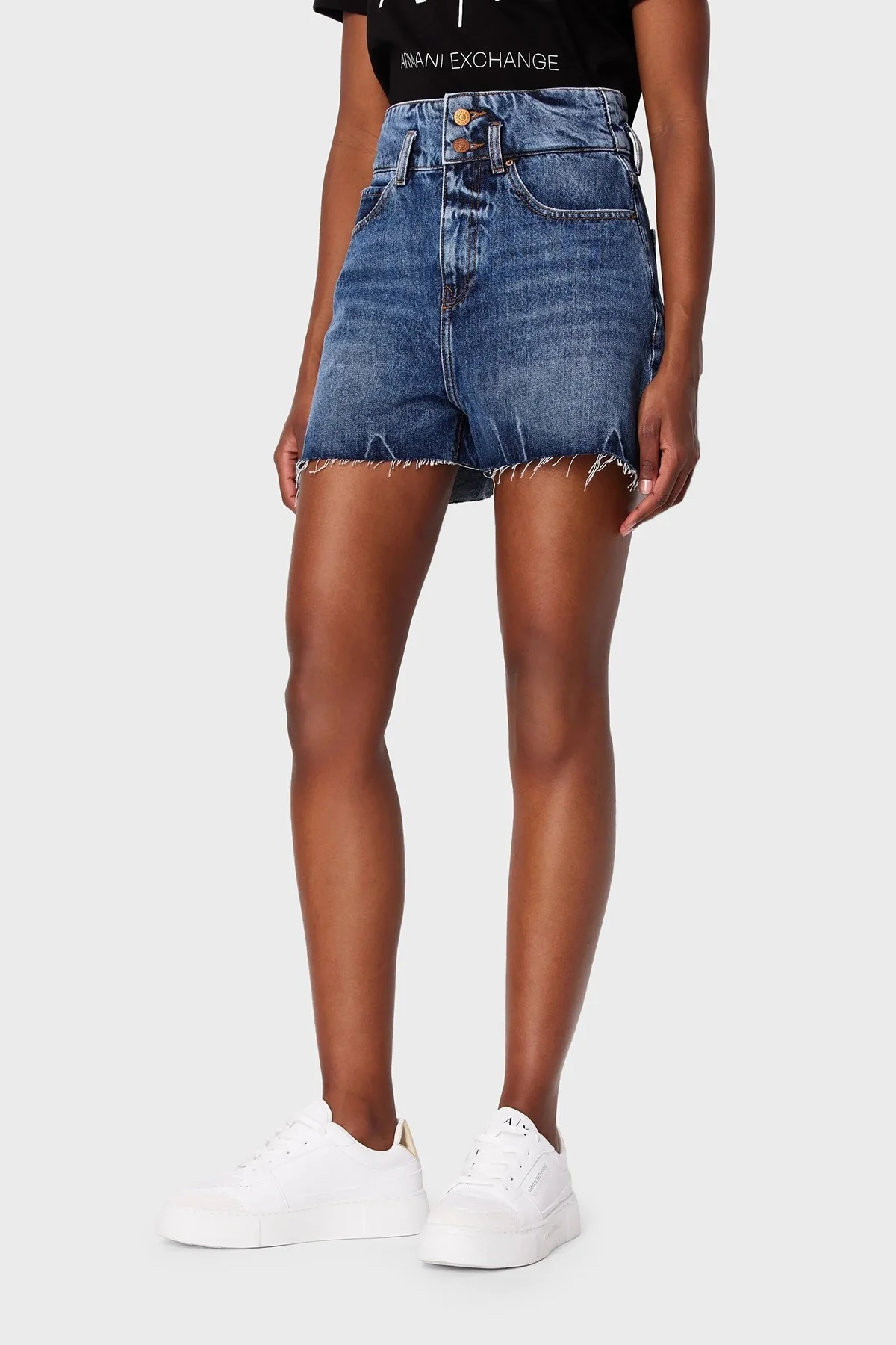 Armani Exchange J71 Yırtık Detaylı Yüksek Bel Kot Bayan Short 3DYJ71 Y16EZ 1500 MAVİ - 1