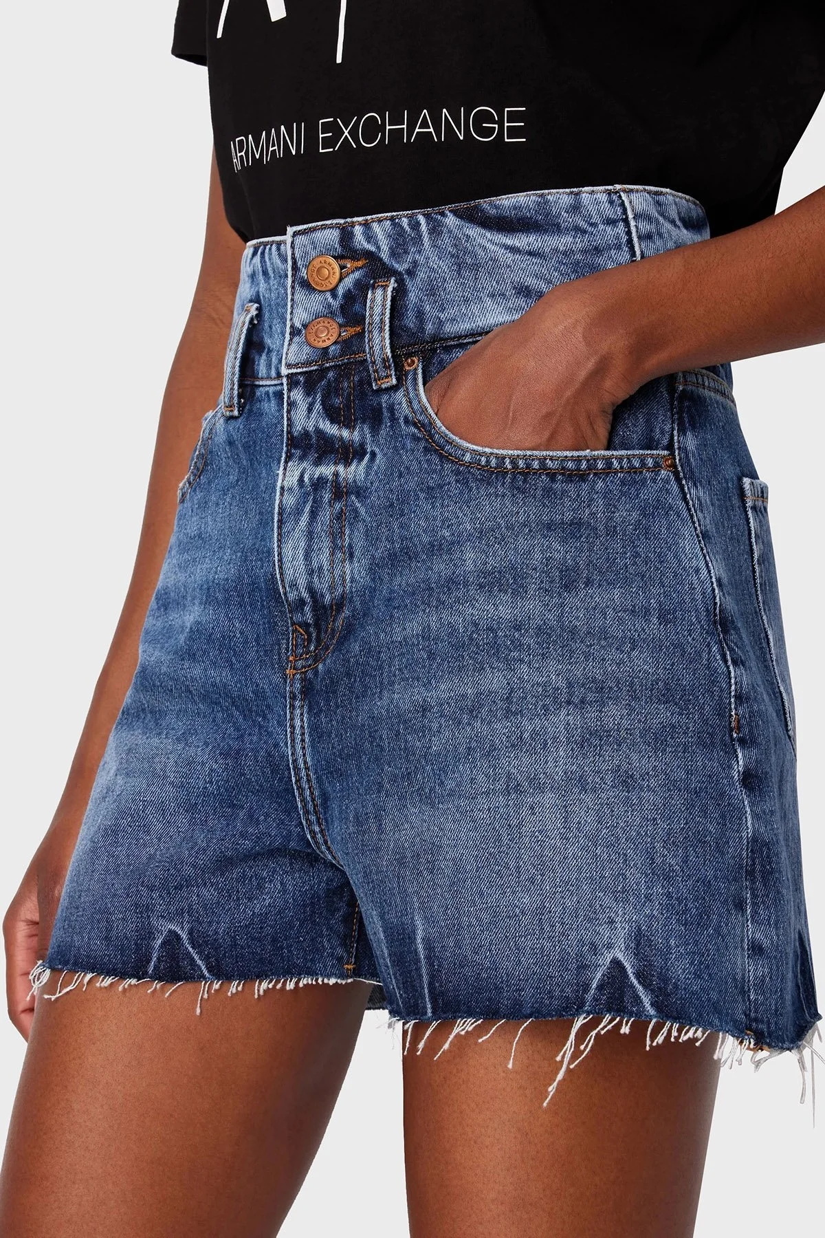 Armani Exchange J71 Yırtık Detaylı Yüksek Bel Kot Bayan Short 3DYJ71 Y16EZ 1500 MAVİ - 4