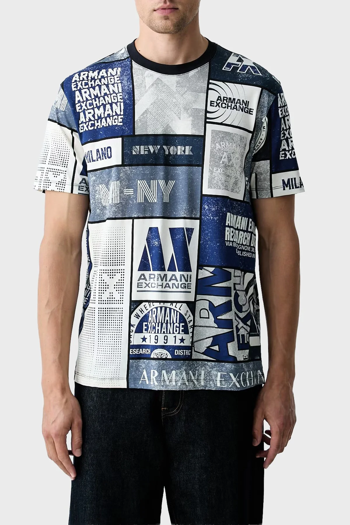 Armani Exchange Jakarlı % 100 Pamuk Regular Fit Bisiklet Yaka Erkek T Shirt XM003021 AF10356 F0217 Kırık beyaz - 1